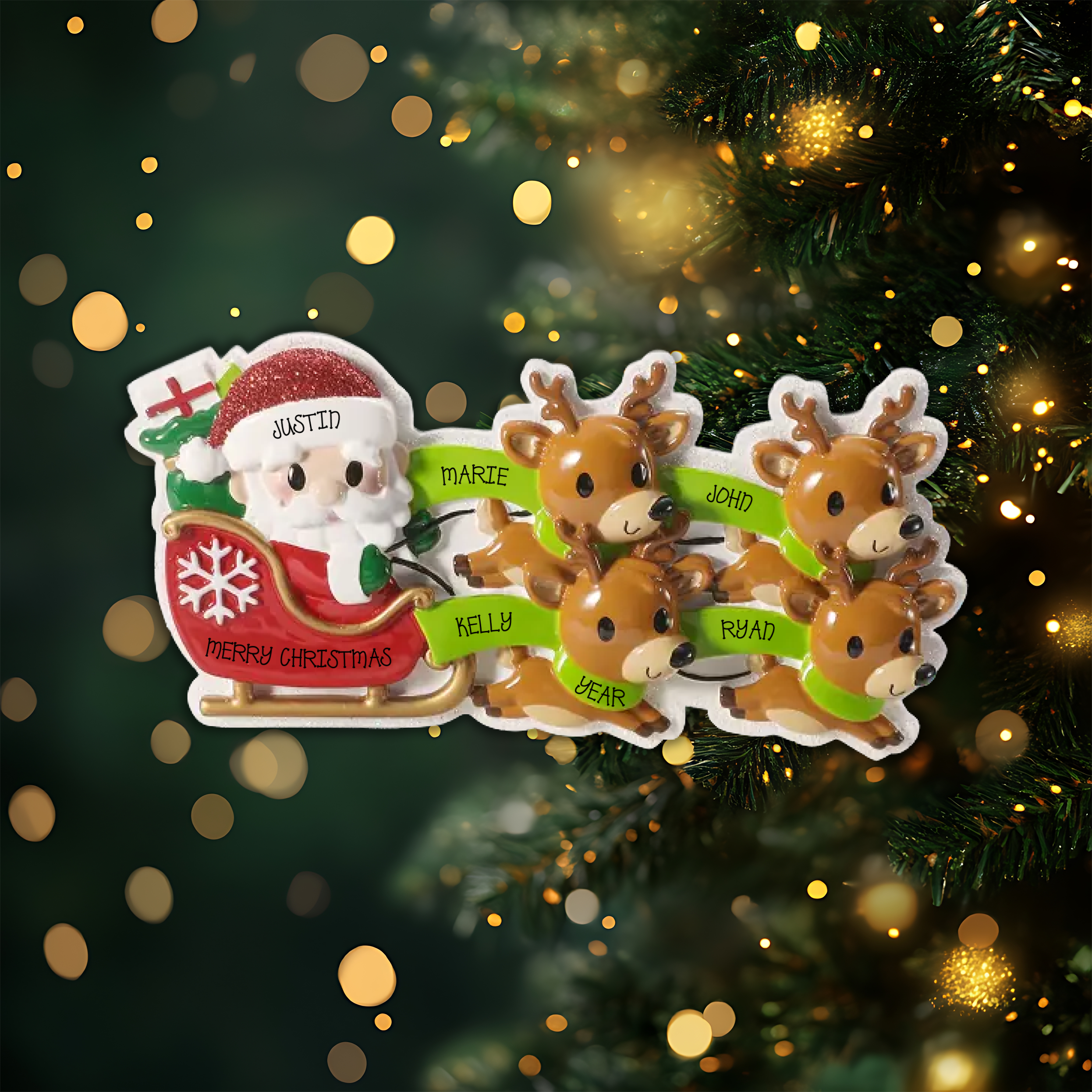 Reindeer in Flight Family of 4 Personalized Christmas Ornament