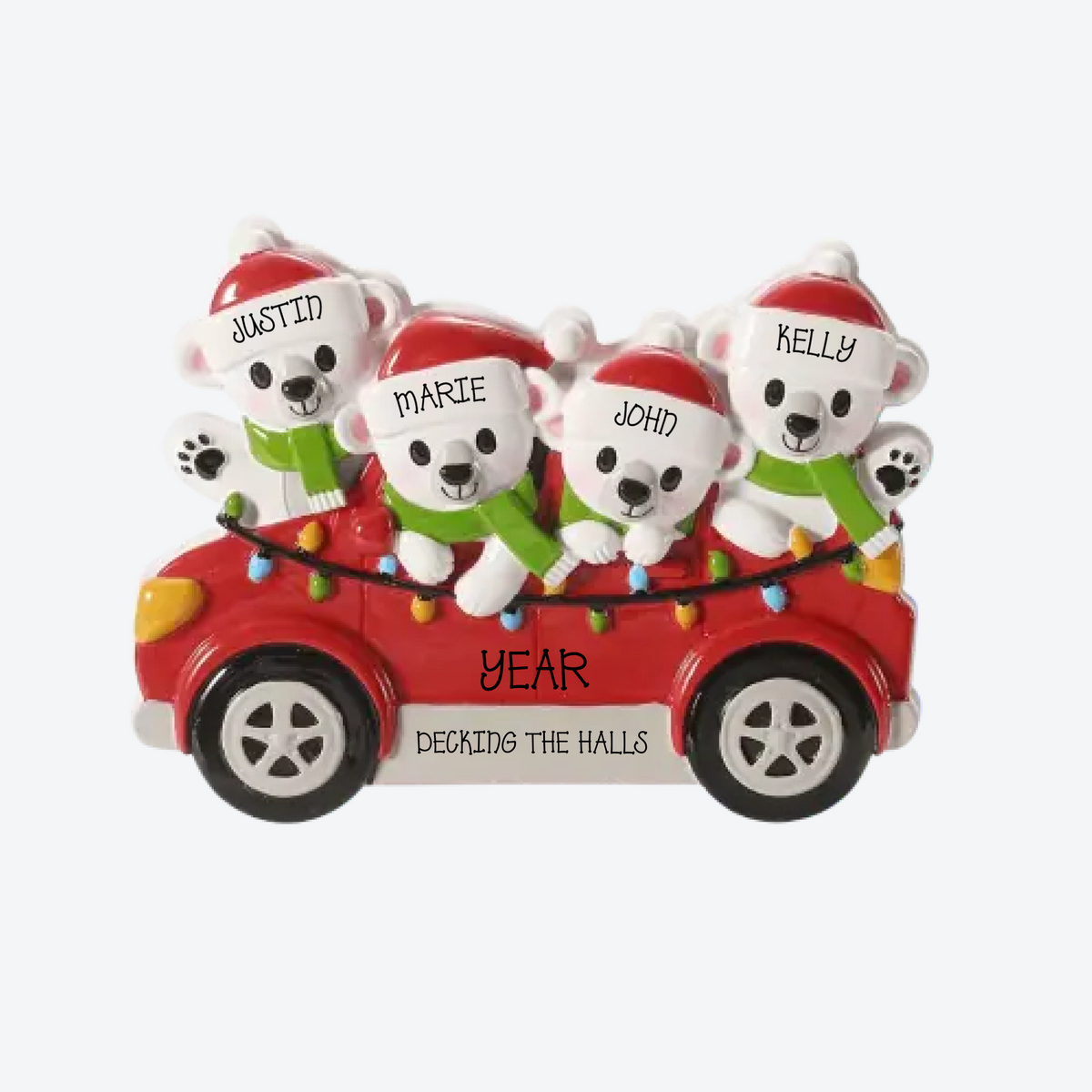 Polar Bears in Car Family of 4 Personalized Christmas Ornament