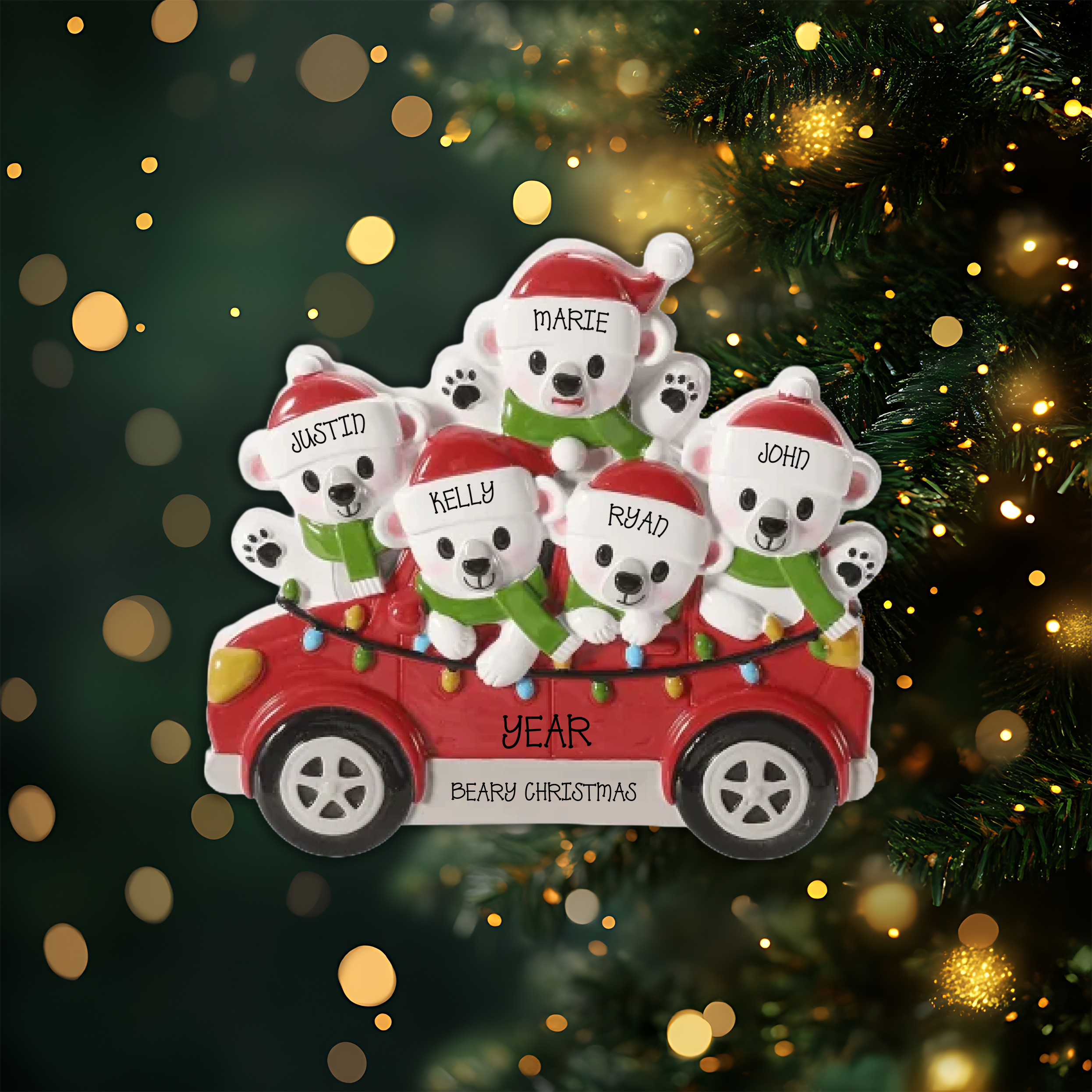 Polar Bears in Car Family of 5 Personalized Christmas Ornament