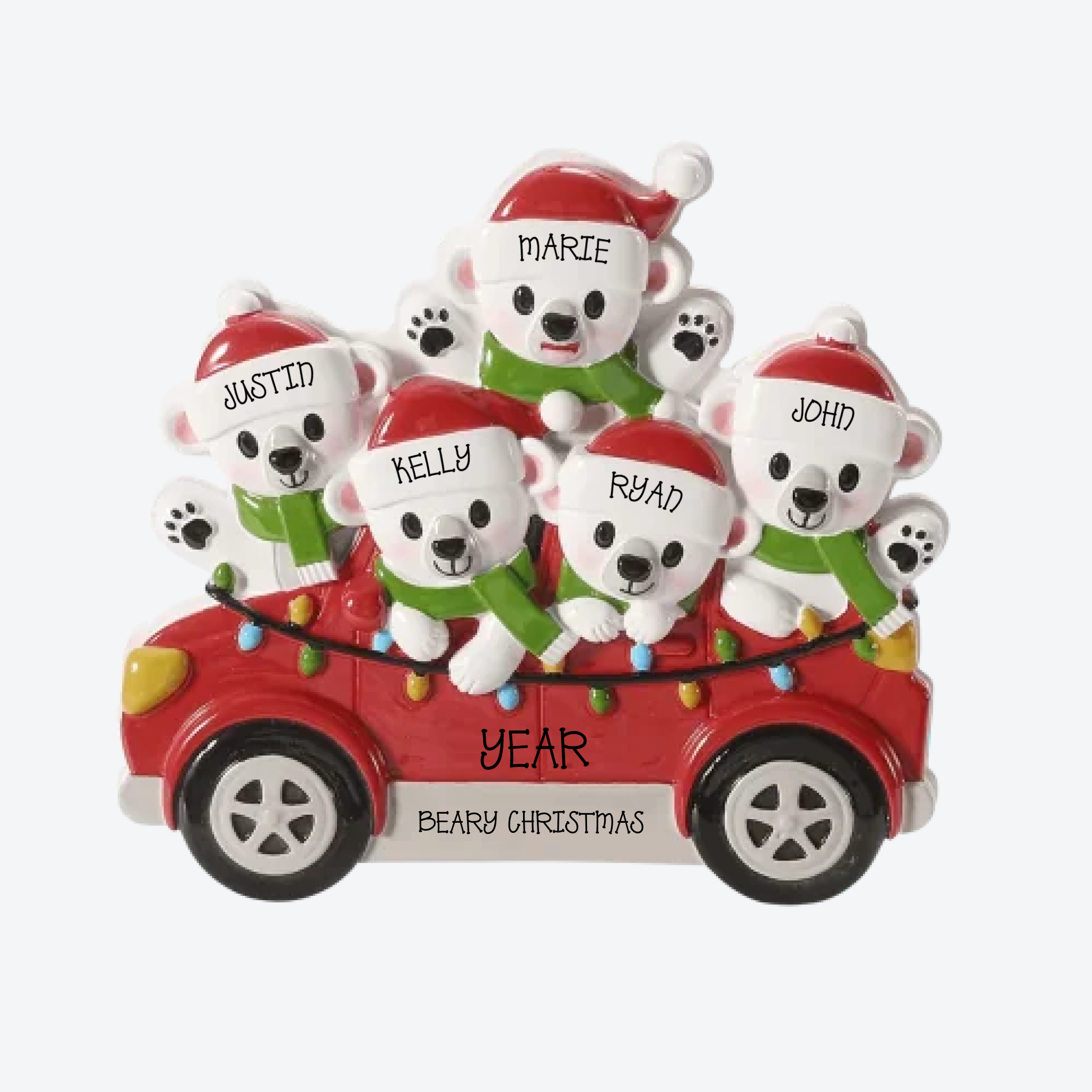 Polar Bears in Car Family of 5 Personalized Christmas Ornament