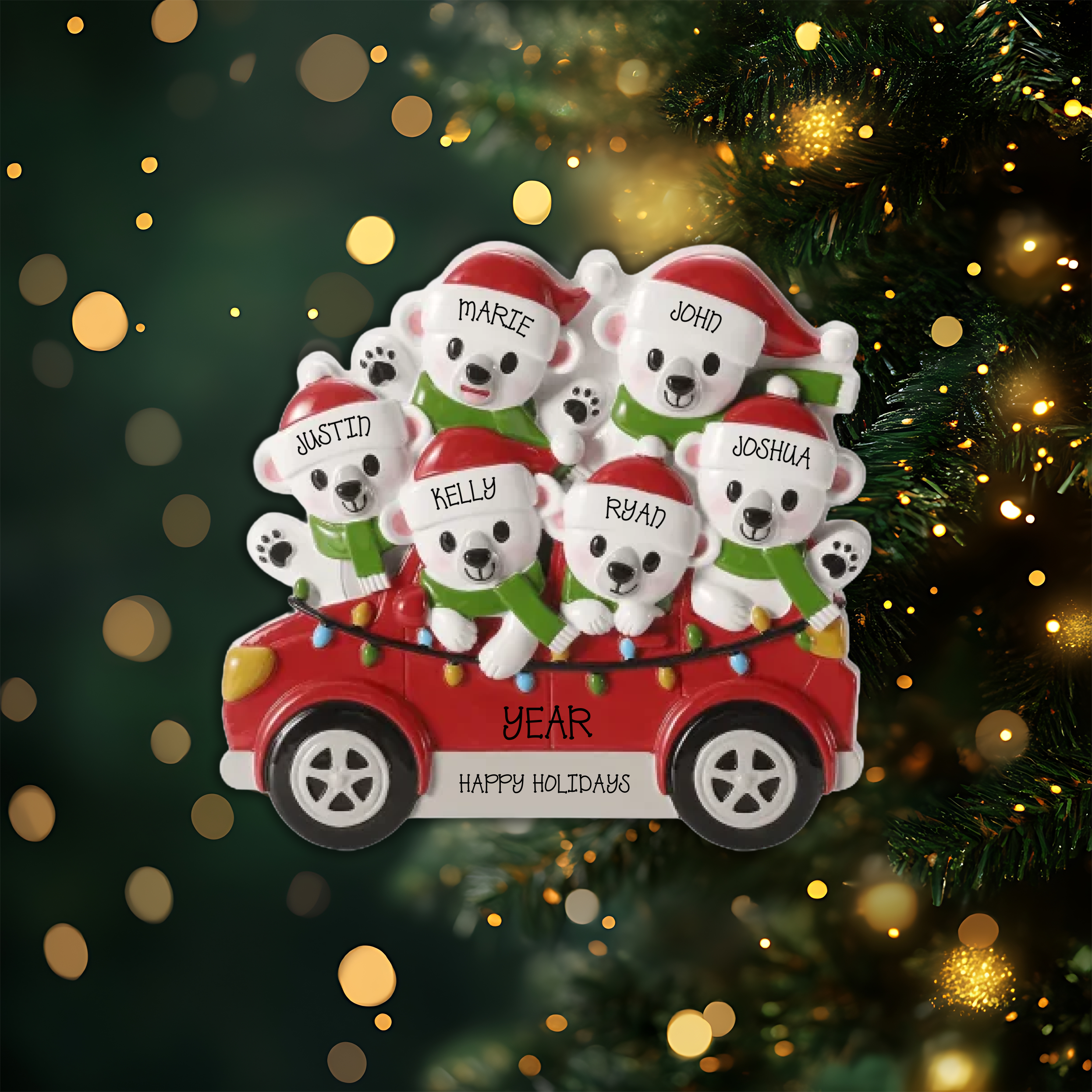 Polar Bears in Car Family of 6 Personalized Christmas Ornament