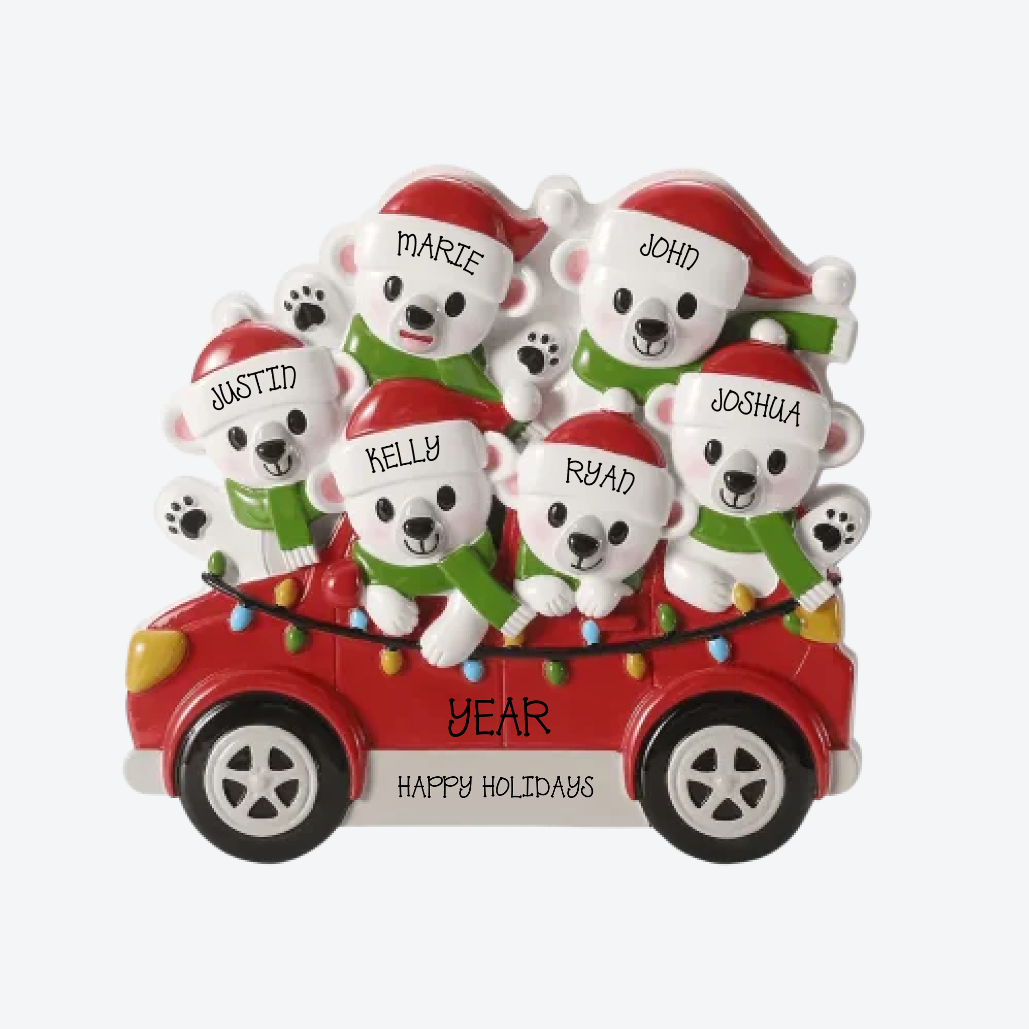 Polar Bears in Car Family of 6 Personalized Christmas Ornament