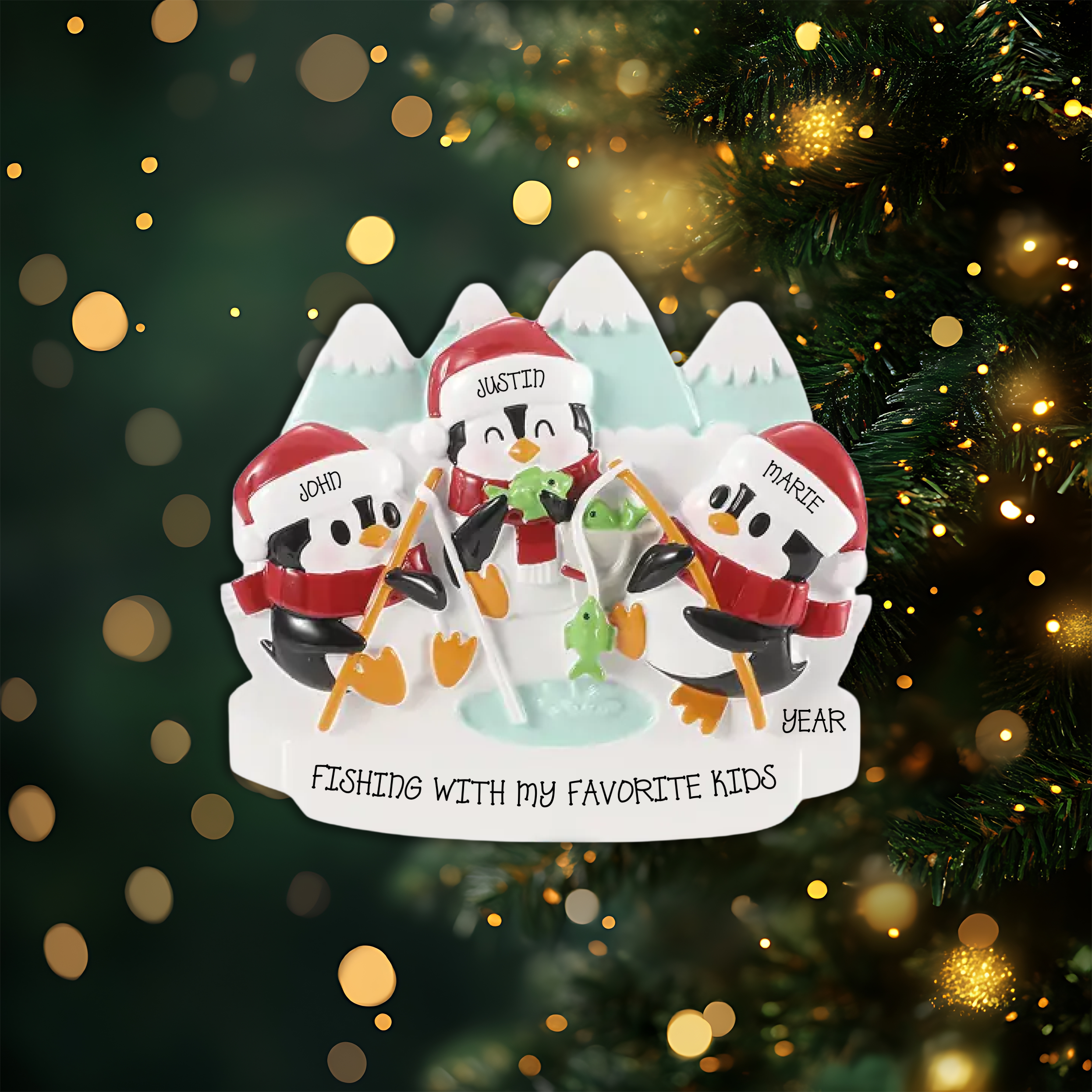 Arctic Fishing Family of 3 Personalized Christmas Ornament