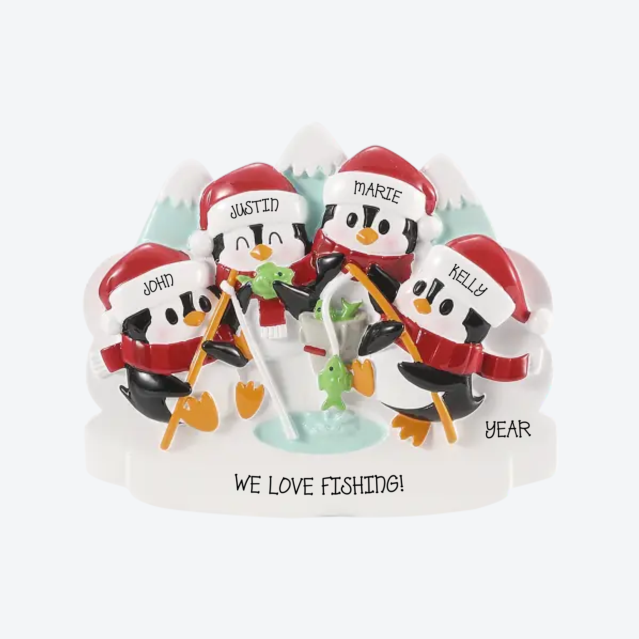Arctic Fishing Family of 4 Personalized Christmas Ornament