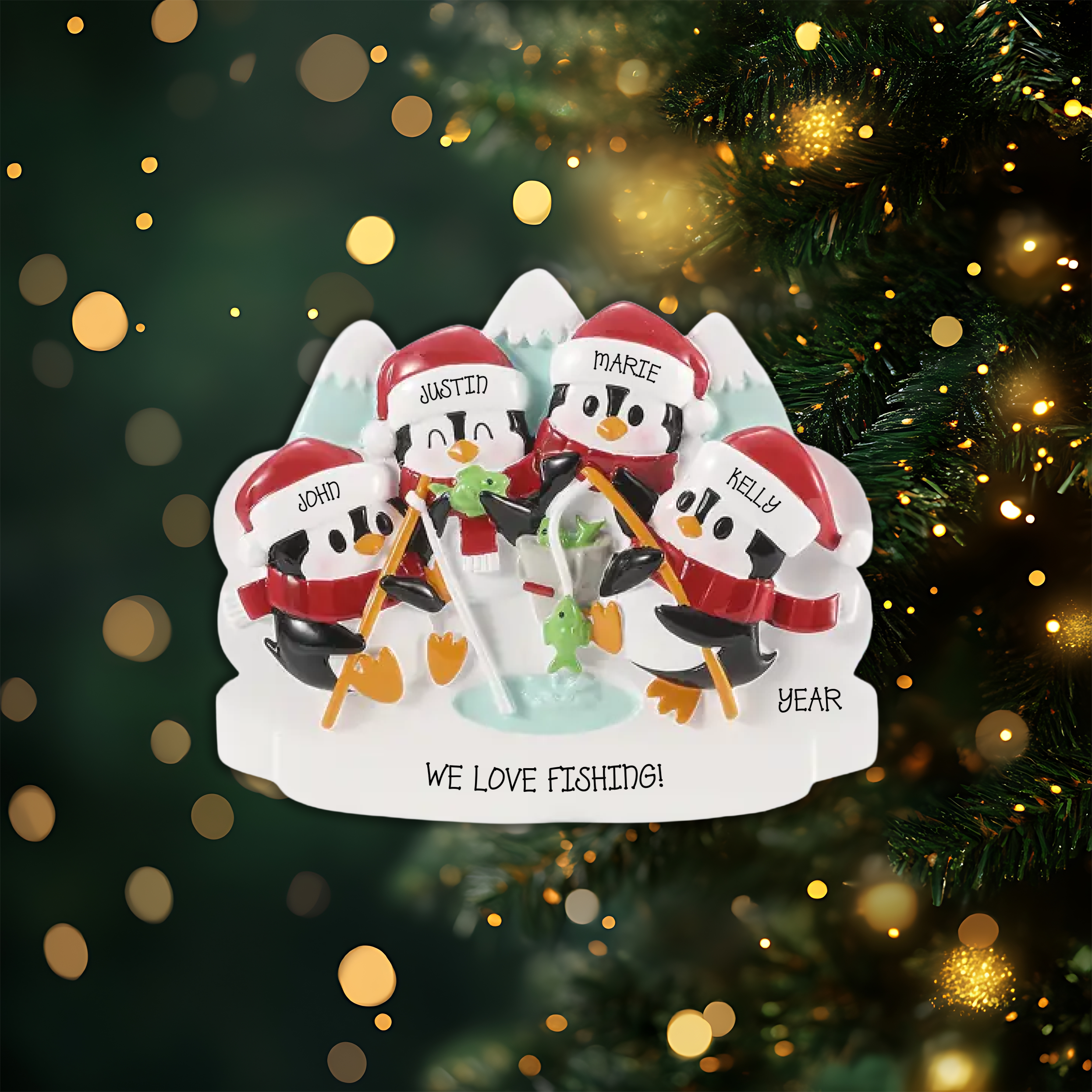 Arctic Fishing Family of 4 Personalized Christmas Ornament