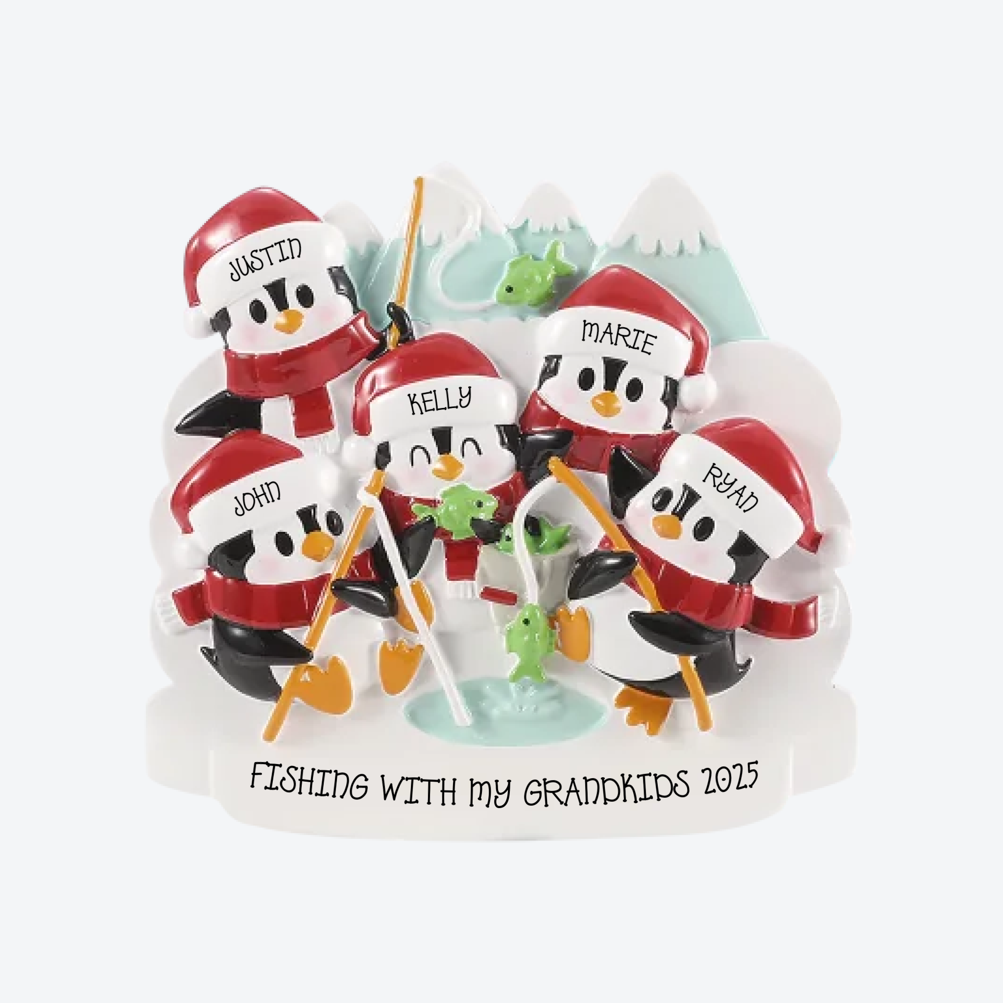 Arctic Fishing Family of 5 Personalized Christmas Ornament