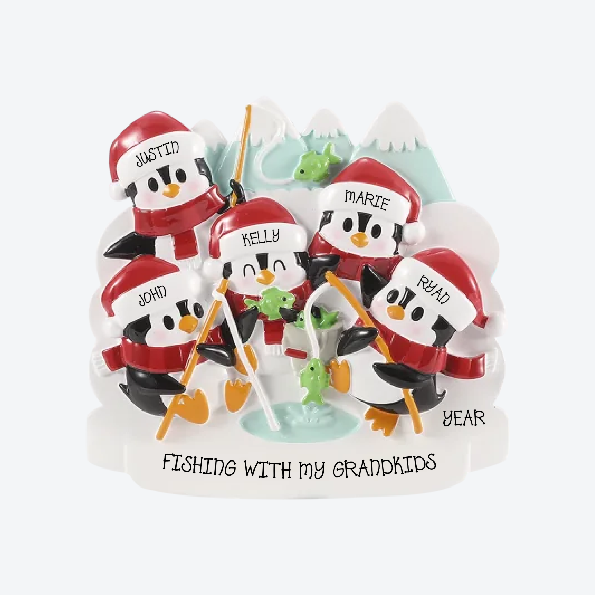 Arctic Fishing Family of 5 Personalized Christmas Ornament