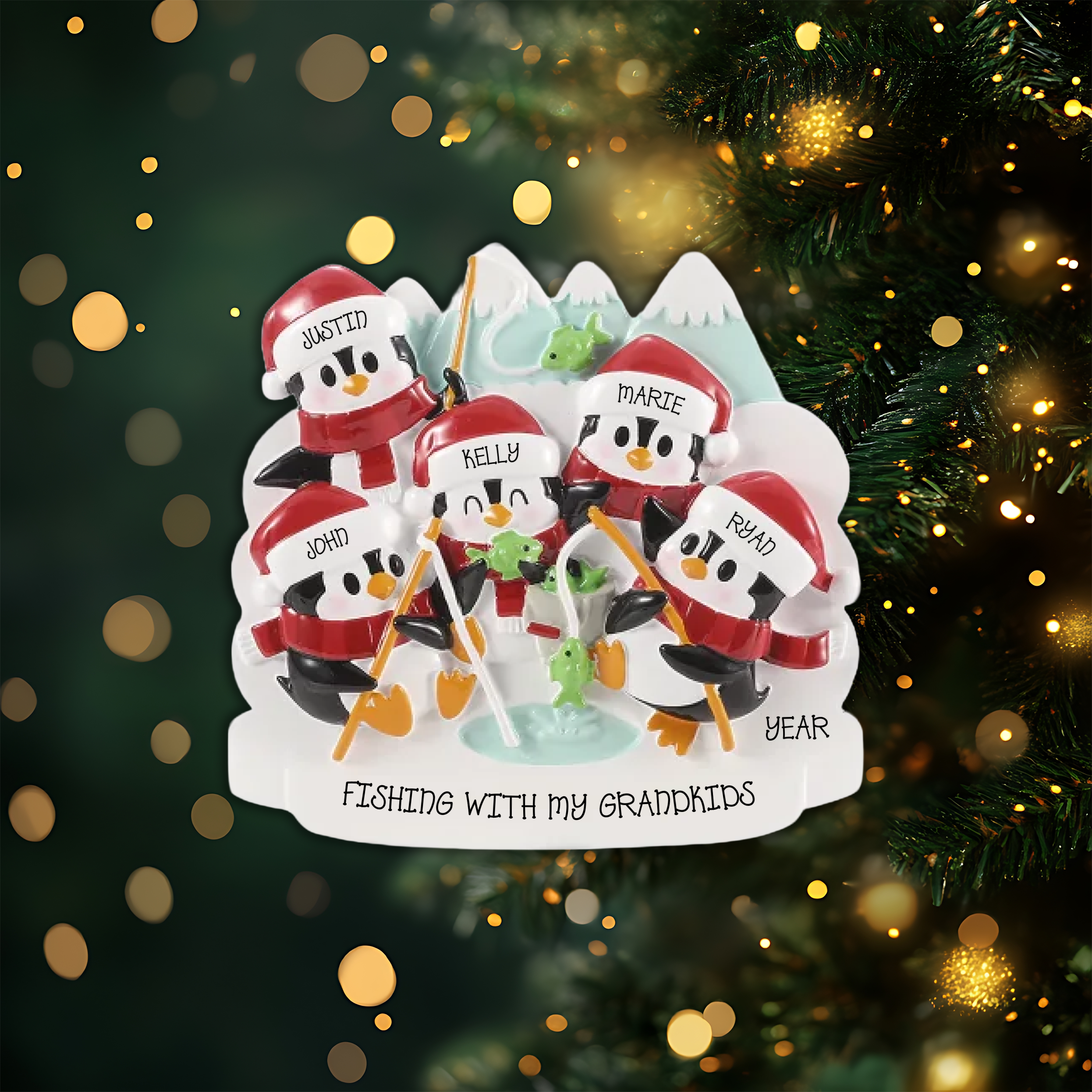 Arctic Fishing Family of 5 Personalized Christmas Ornament