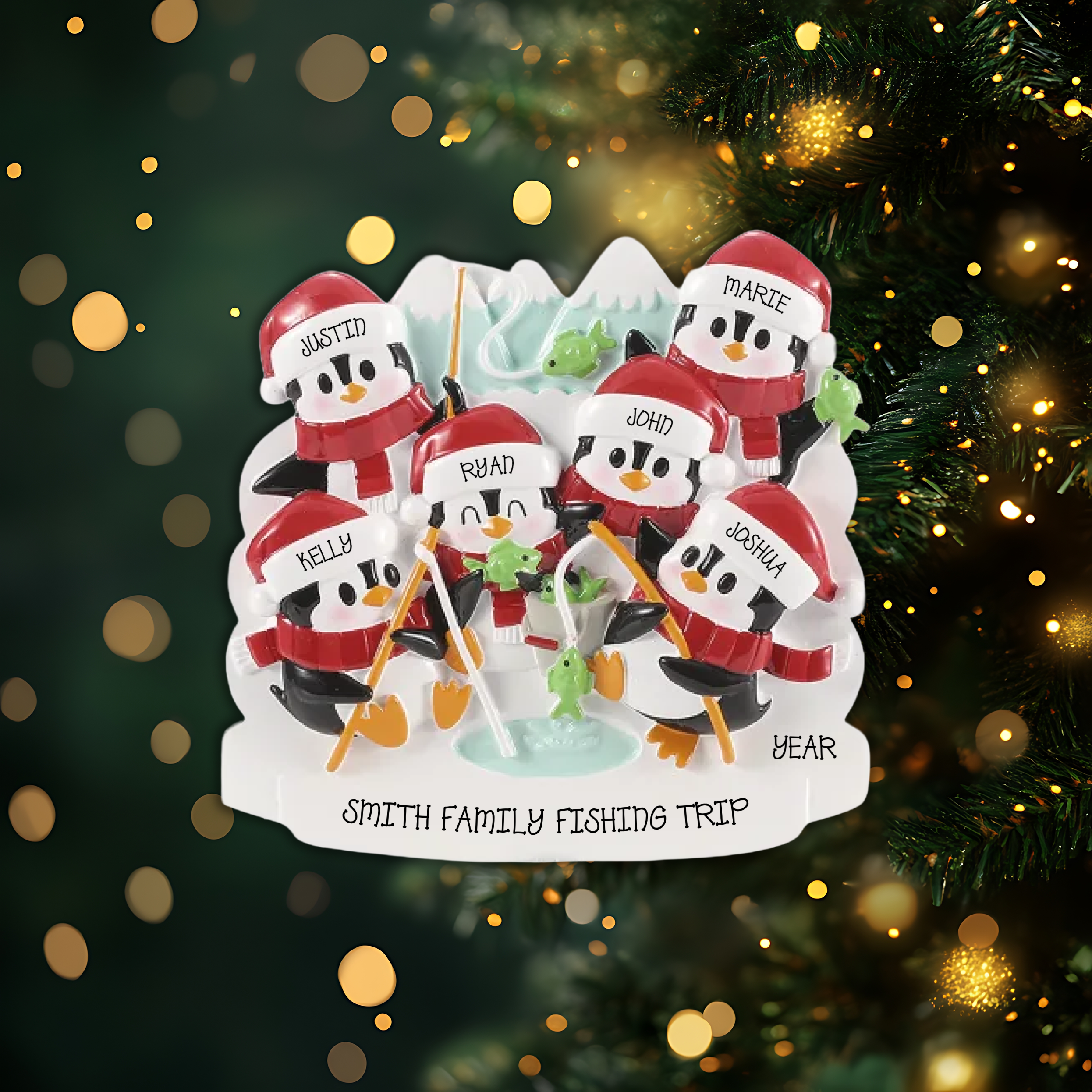 Arctic Fishing Family of 6 Personalized Christmas Ornament