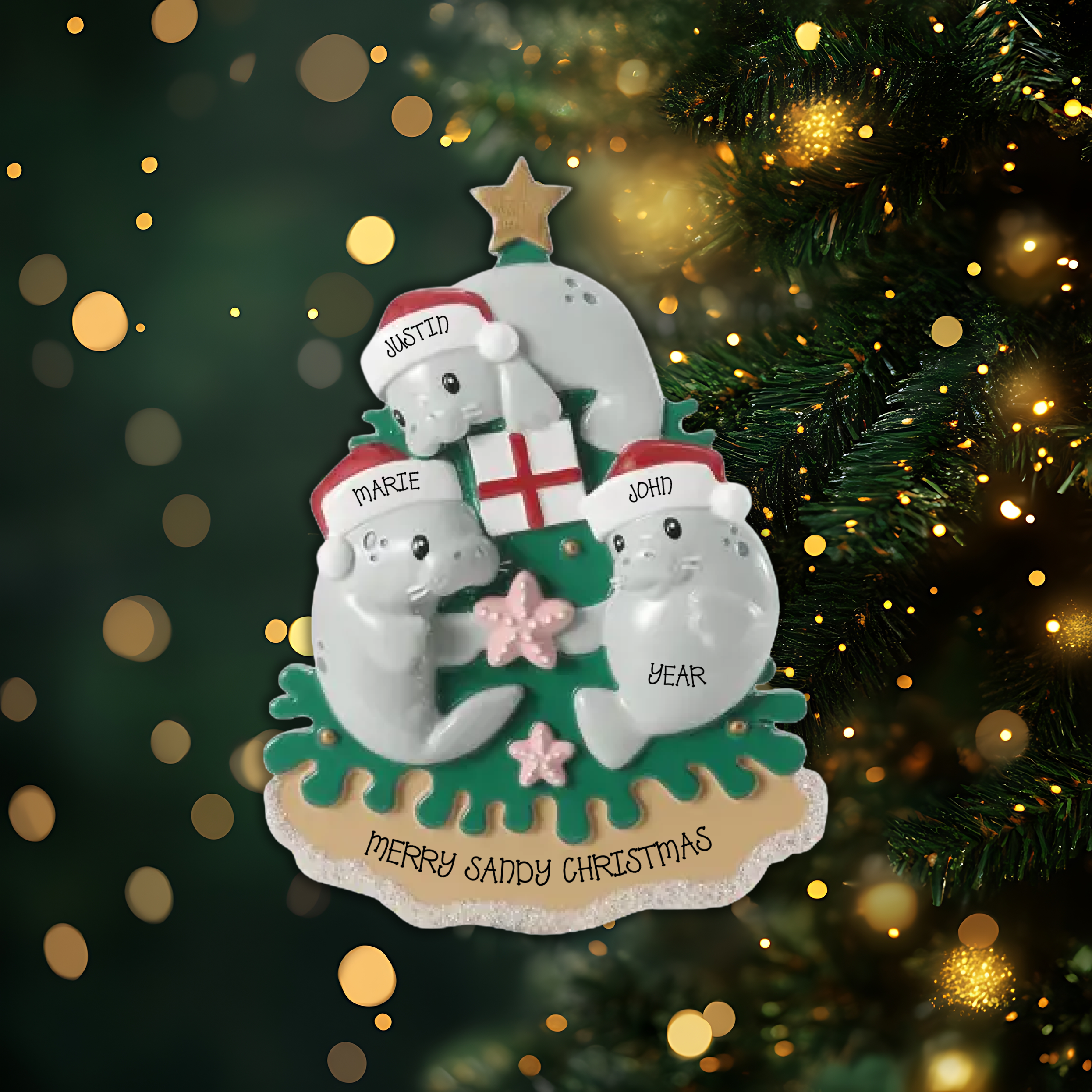Manatee Family of 3 Personalized Christmas Ornament