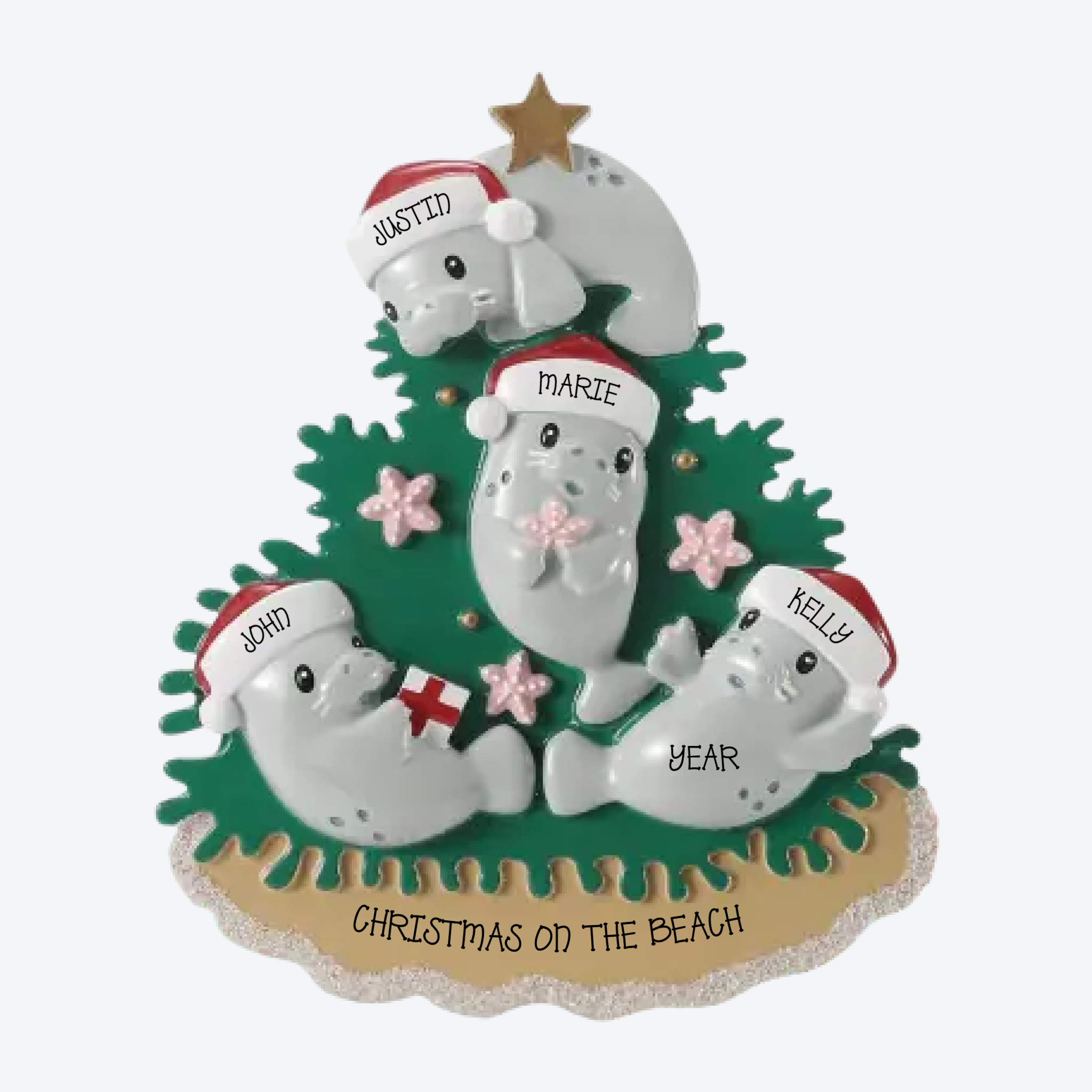 Manatee Family of 4 Personalized Christmas Ornament