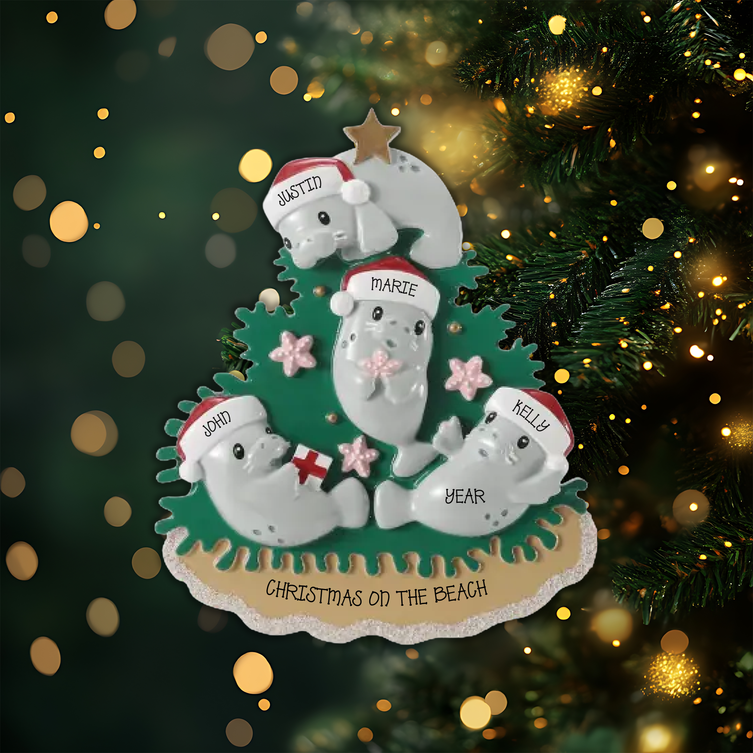 Manatee Family of 4 Personalized Christmas Ornament