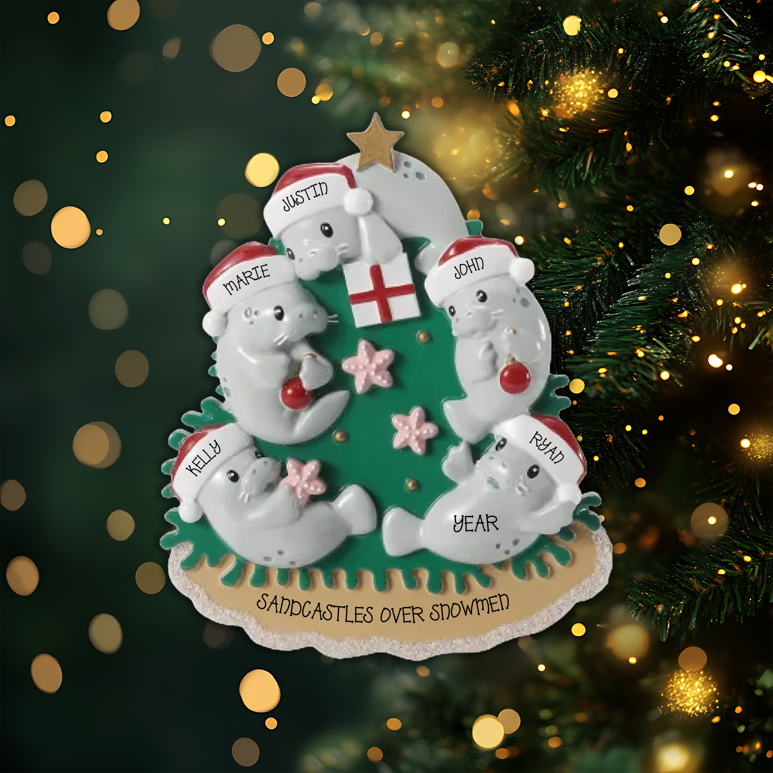 Manatee Family of 5 Personalized Christmas Ornament