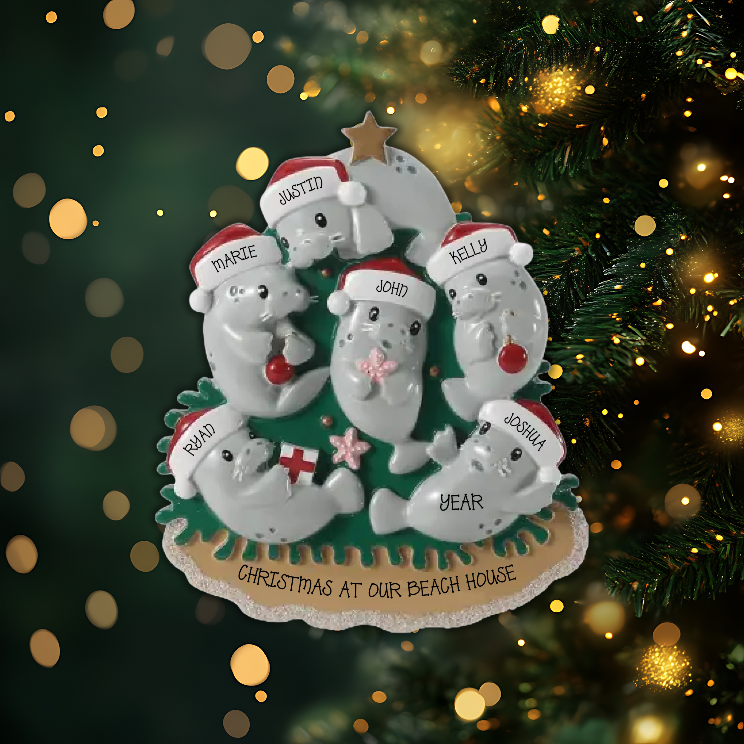 Manatee Family of 6 Personalized Christmas Ornament