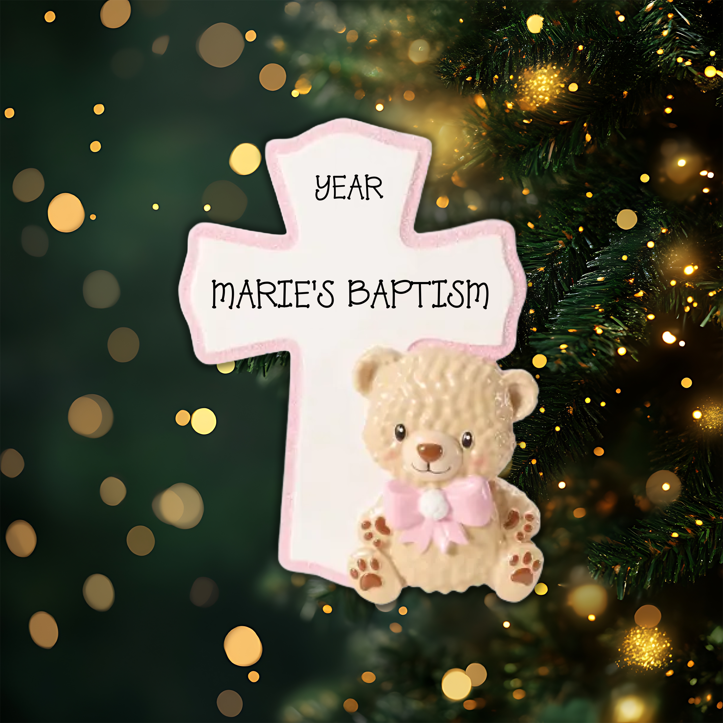 Religious Pink Cross Personalized Christmas Ornament
