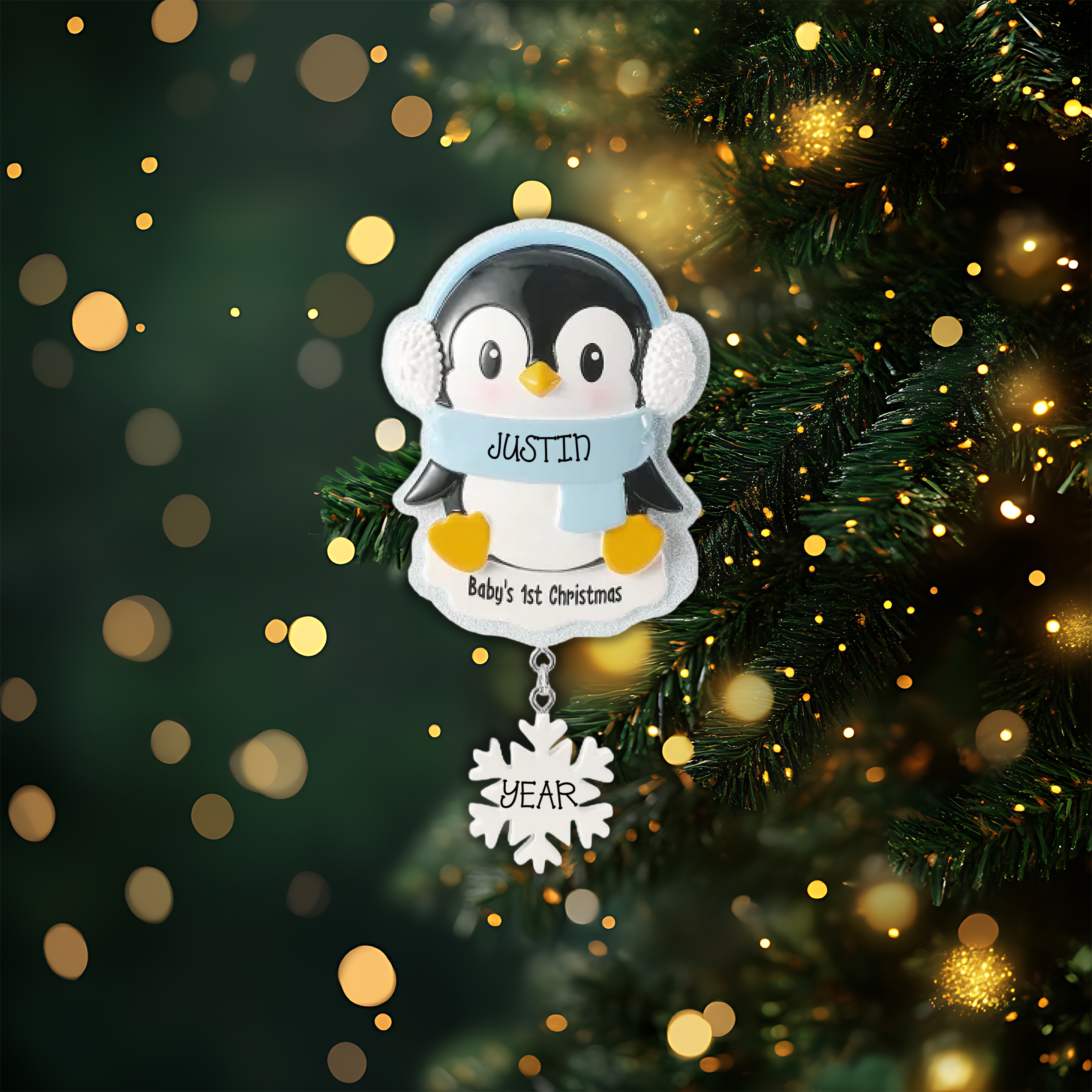 New Penguin Baby Blue Personalized Christmas Ornament