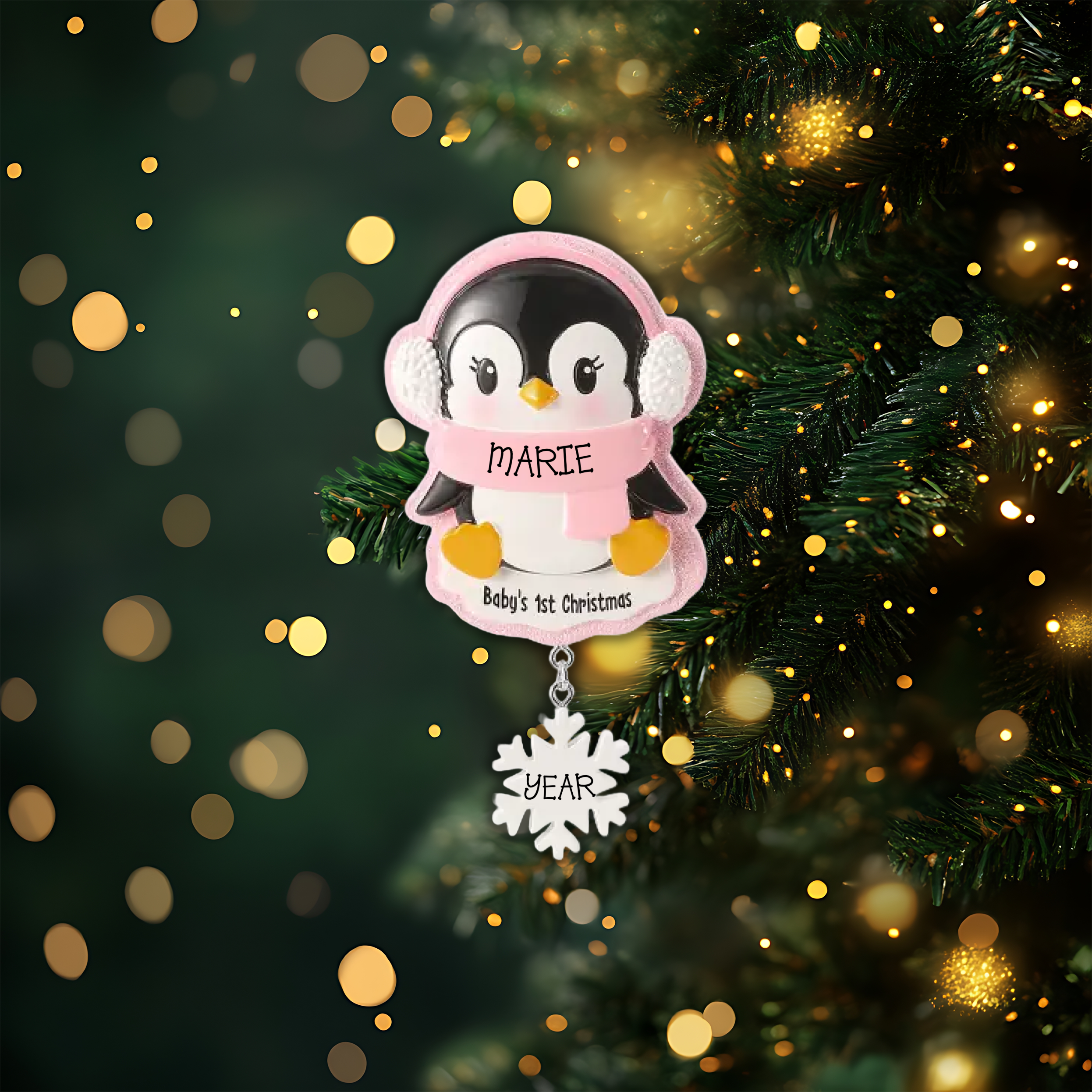 New Penguin Baby Pink Personalized Christmas Ornament