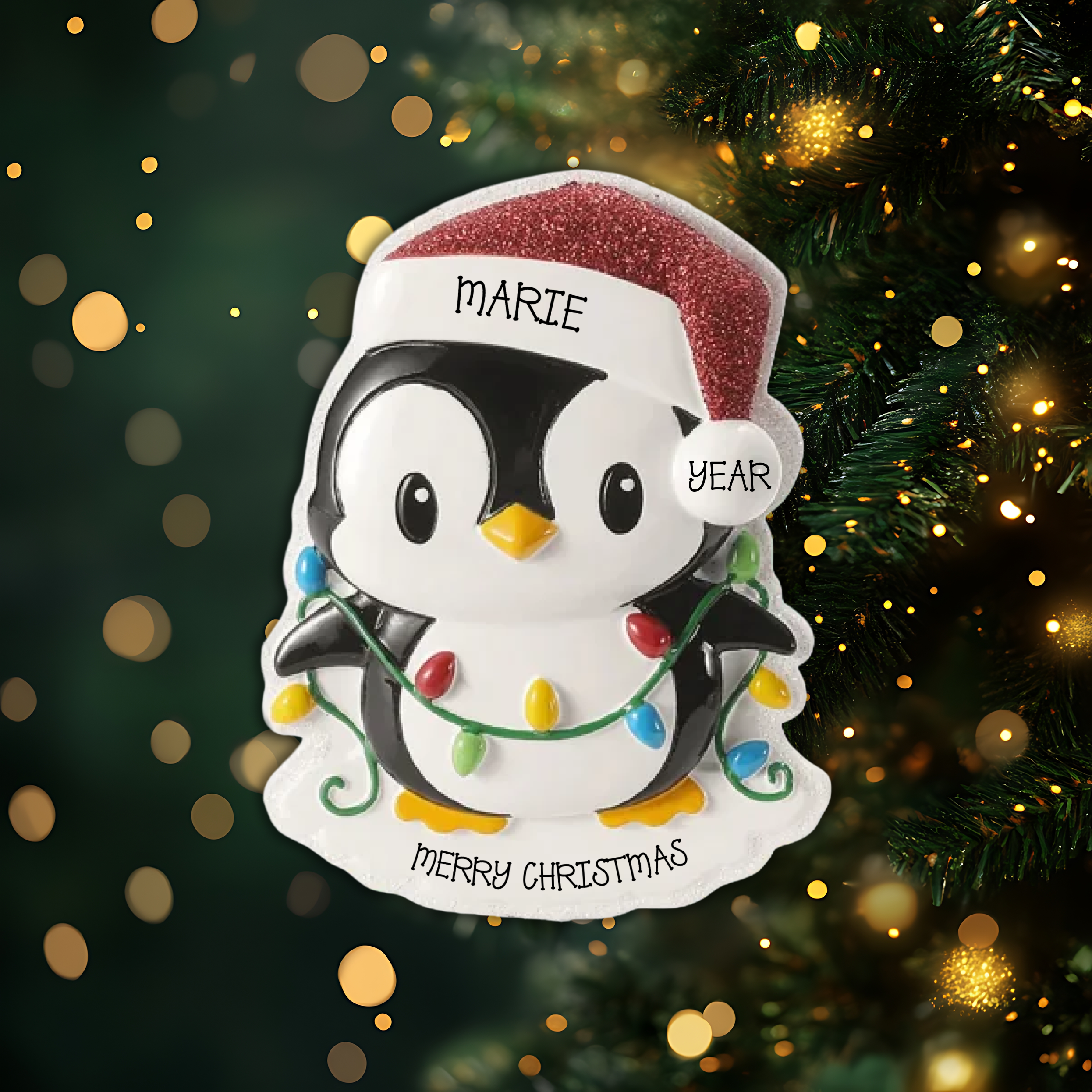 Holiday ThemedPenguin w/Red Cap Tangled in Lights