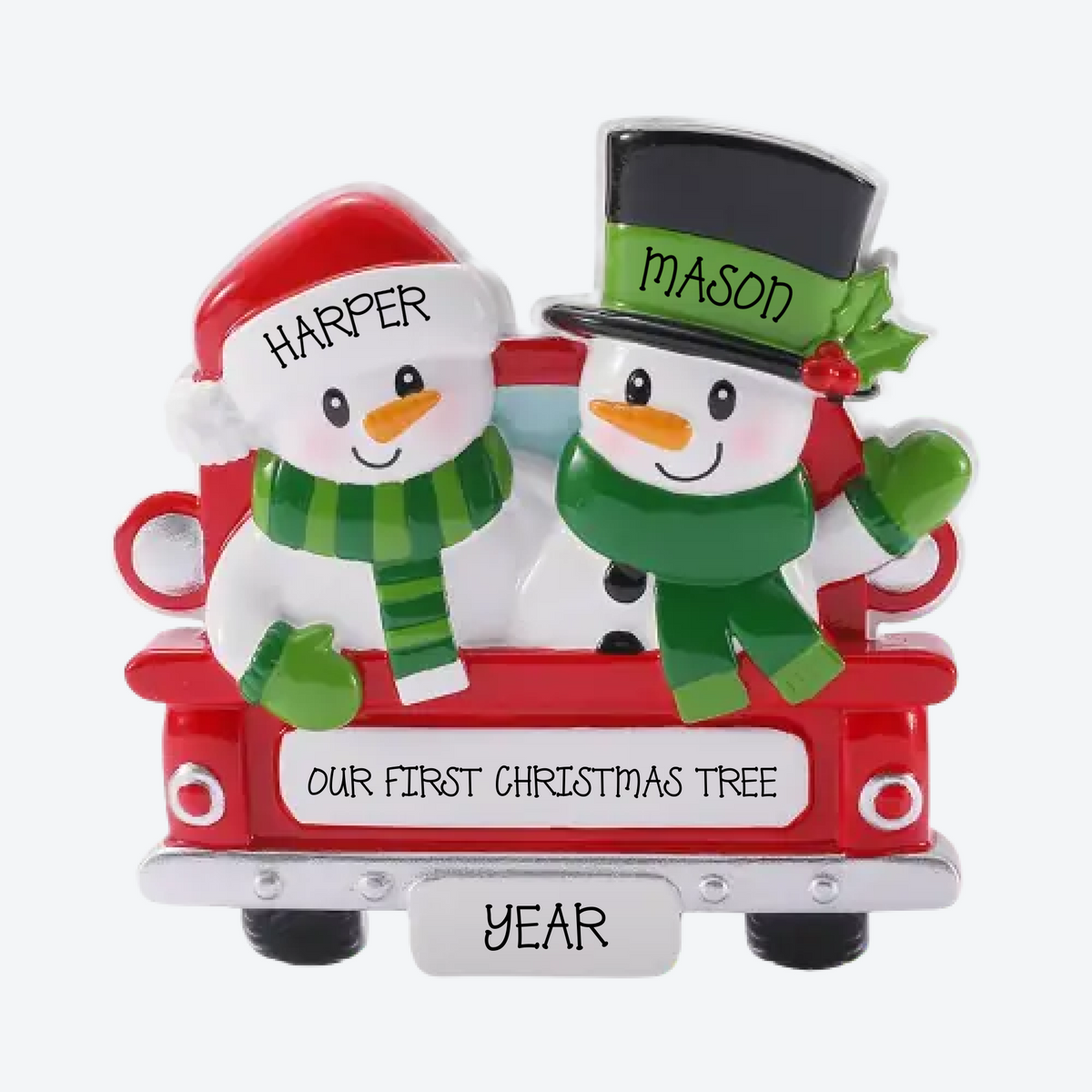 Back of Red Truck Family of 2 Personalized Christmas Ornament