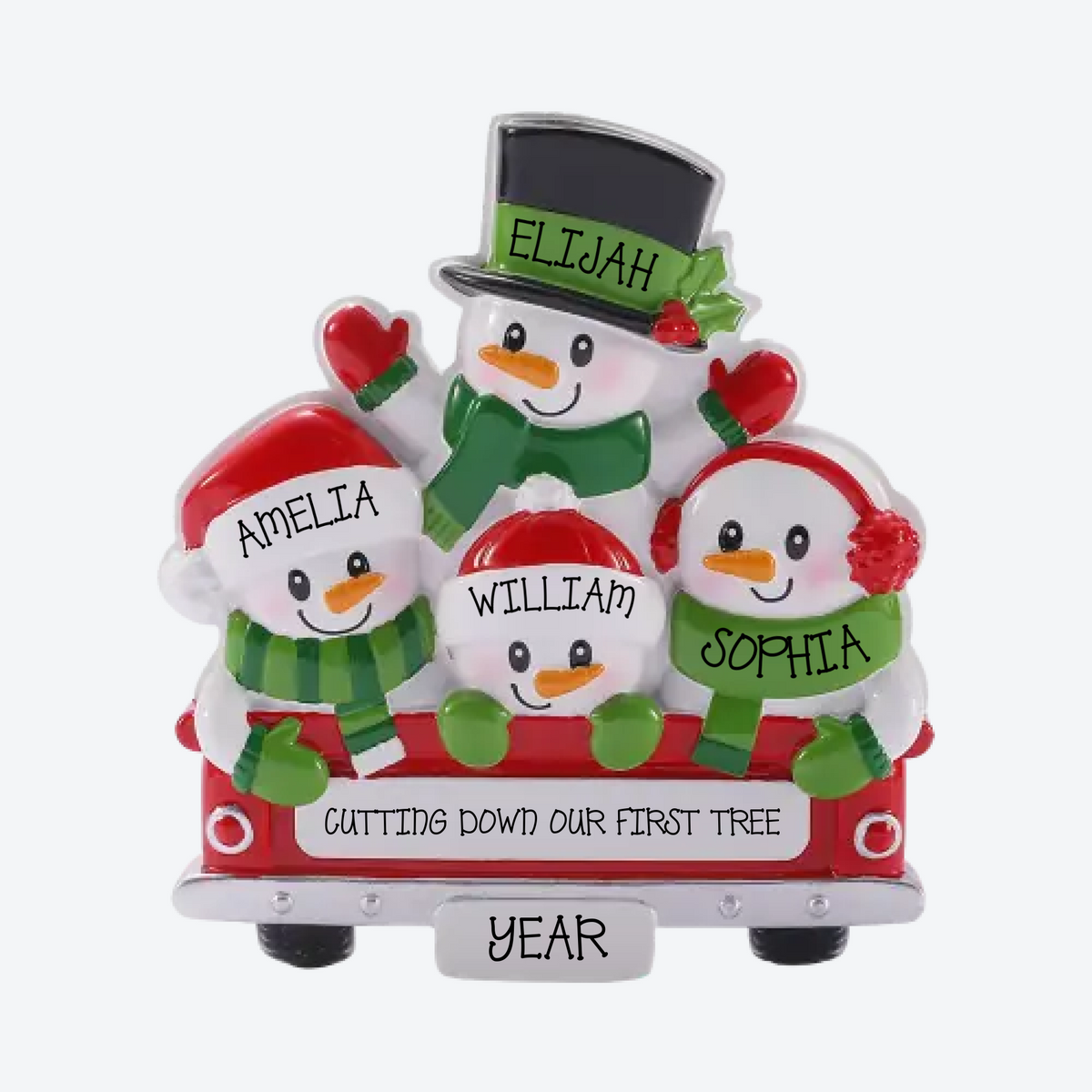 Back of Red Truck Family of 4 Personalized Christmas Ornament