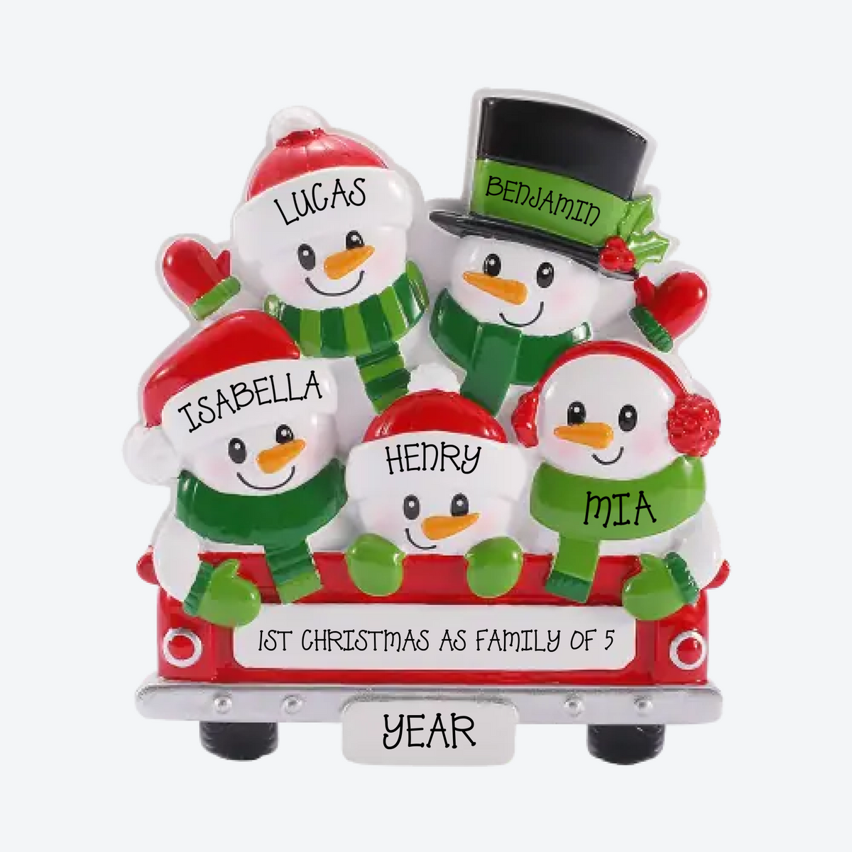 Back of Red Truck Family of 5 Personalized Christmas Ornament