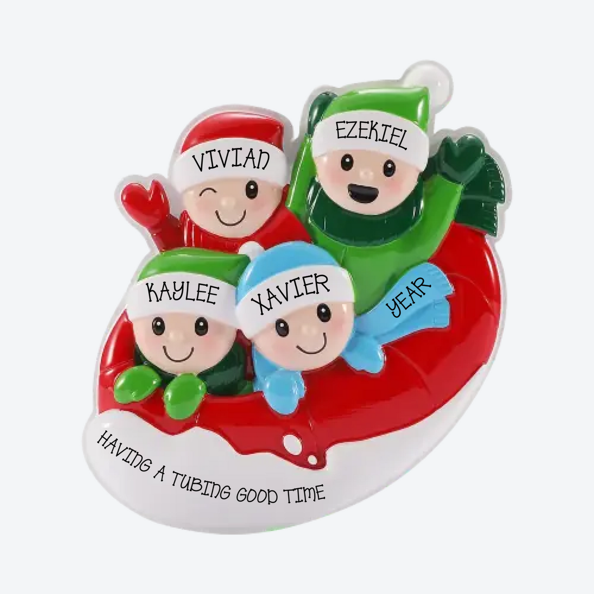 Snow Tubing Family of 4 Personalized Christmas Ornament