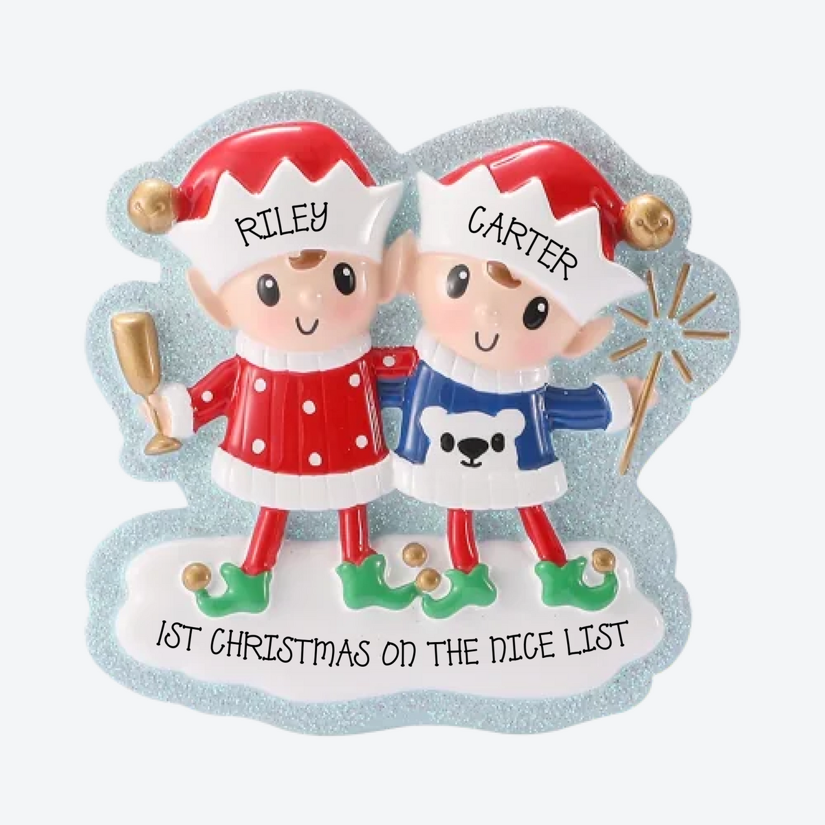 Elves in Sweaters Family of 2 Personalized Christmas Ornament