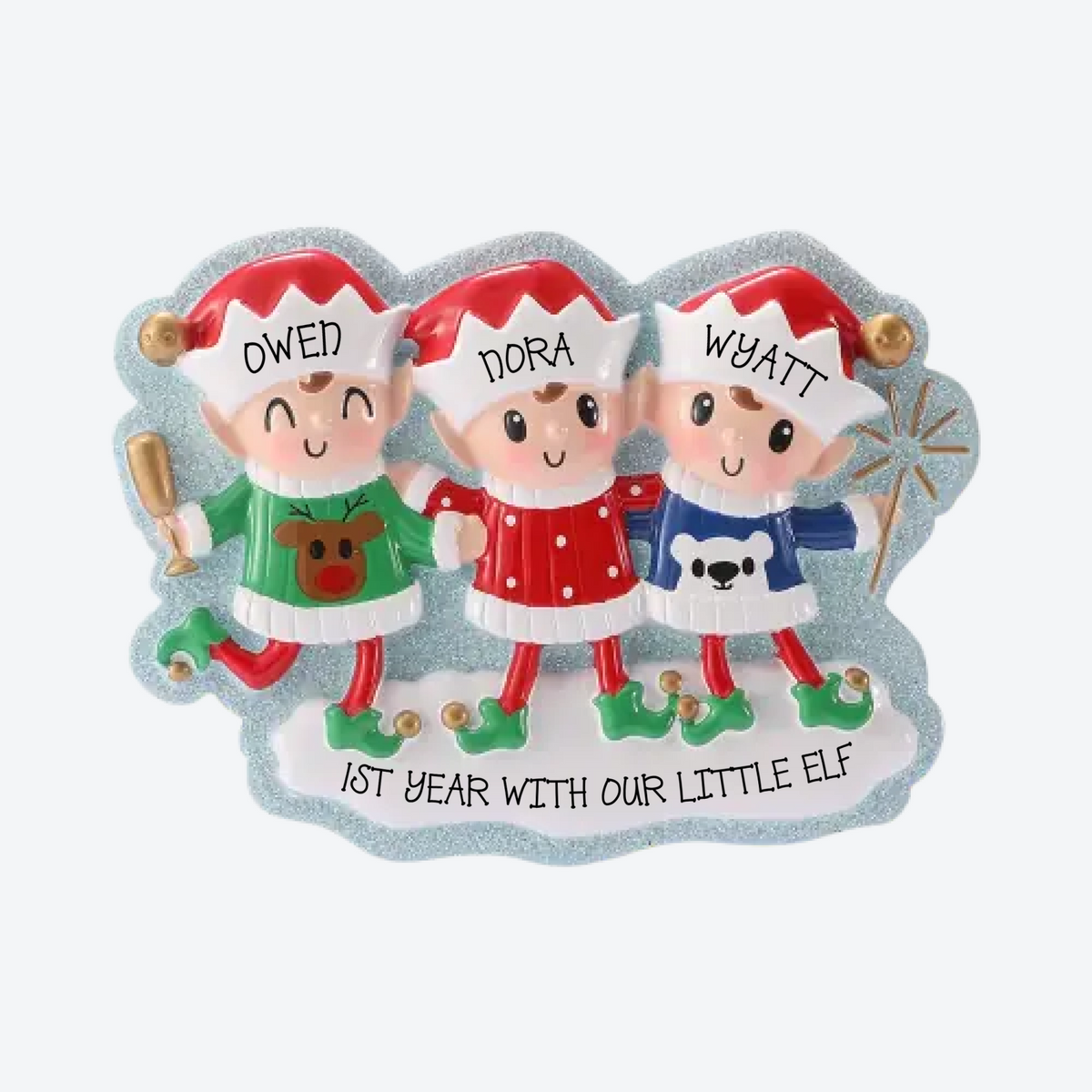 Elves in Sweaters Family of 3 Personalized Christmas Ornament