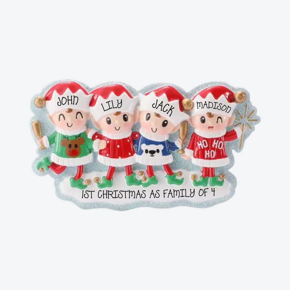 Elves in Sweaters Family of 4 Personalized Christmas Ornament