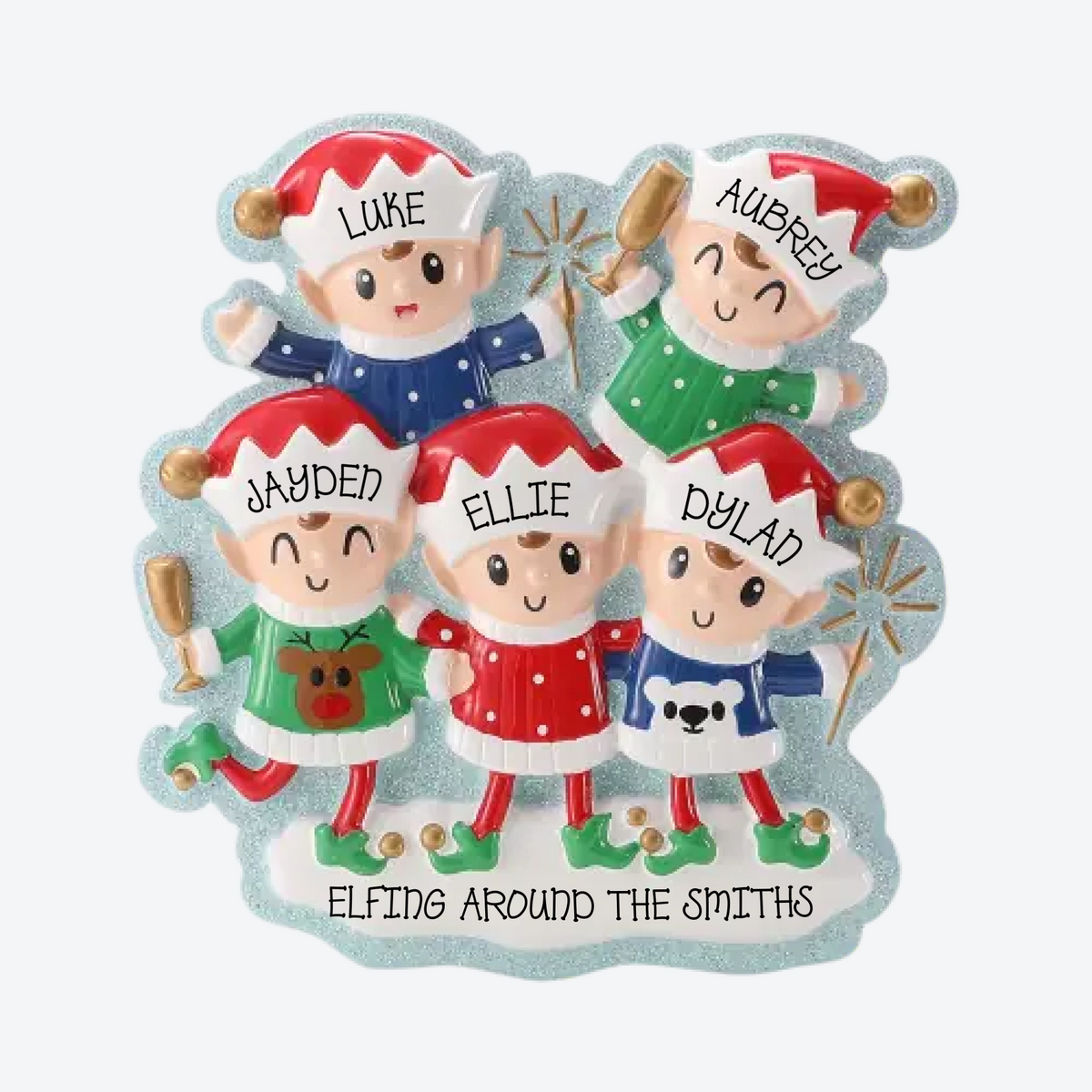 Elves in Sweaters Family of 5 Personalized Christmas Ornament