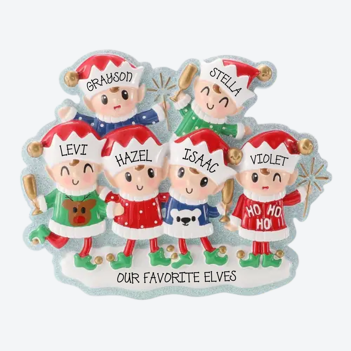 Elves in Sweaters Family of 6 Personalized Christmas Ornament