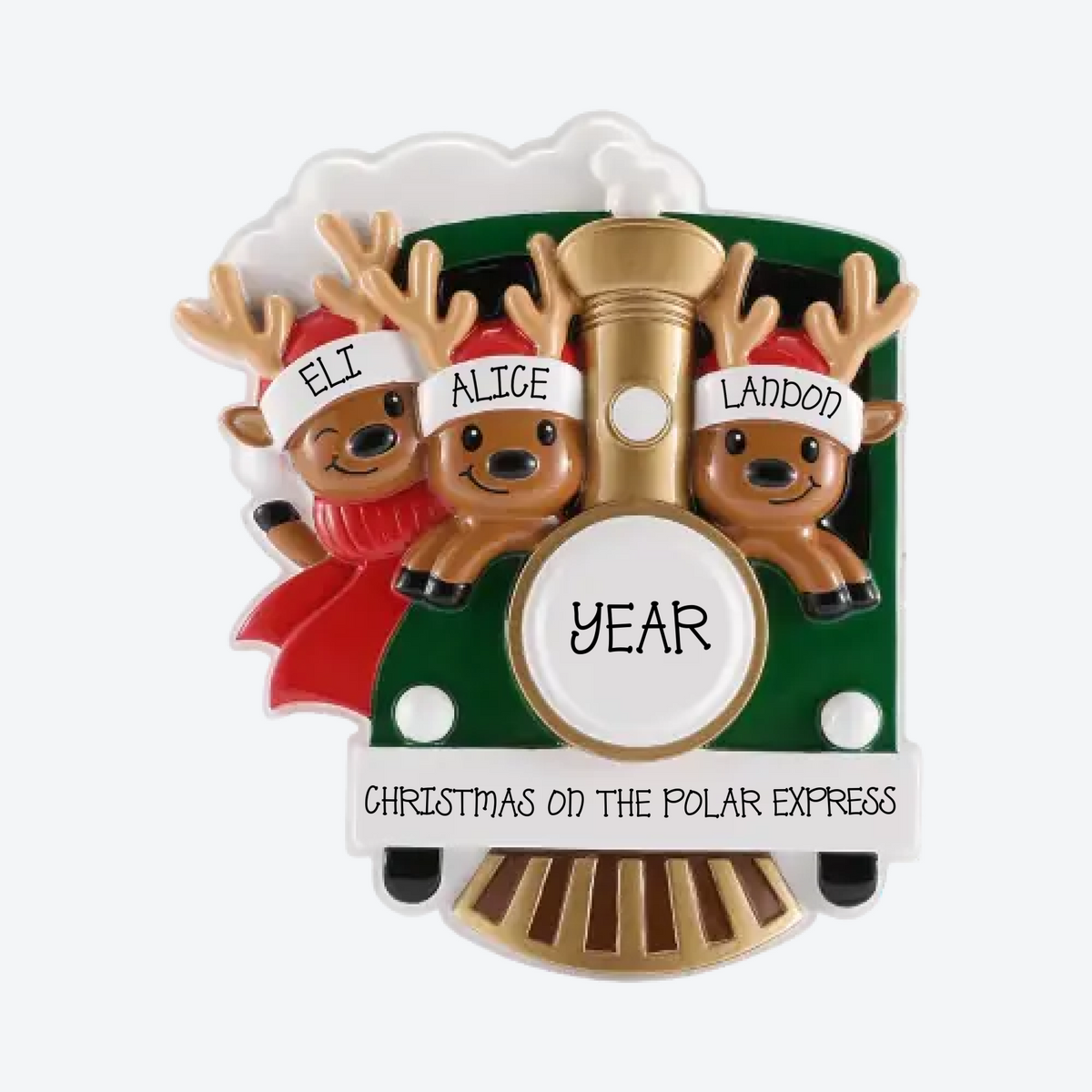 Reindeer on Christmas Train Family of 3 Personalized Christmas Ornament