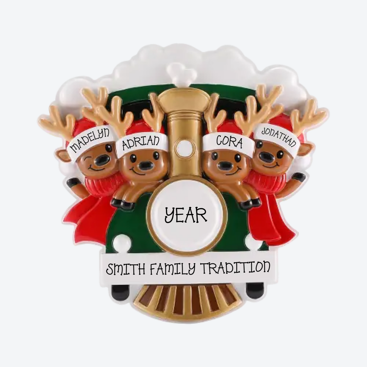 Reindeer on Christmas Train Family of 4 Personalized Christmas Ornament