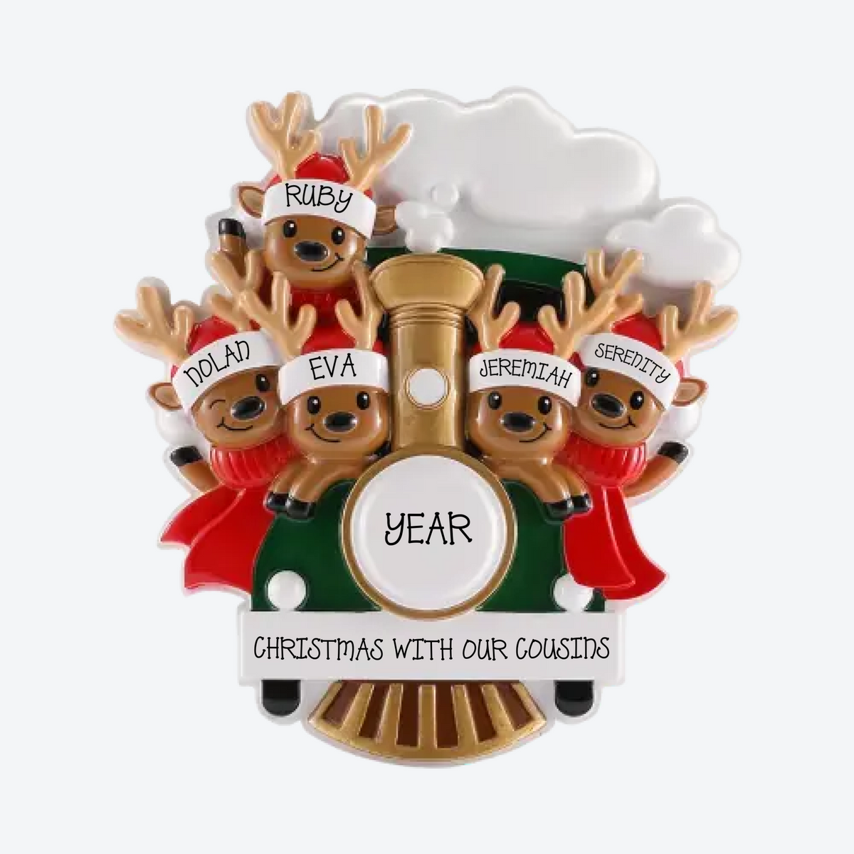 Reindeer on Christmas Train Family of 5 Personalized Christmas Ornament