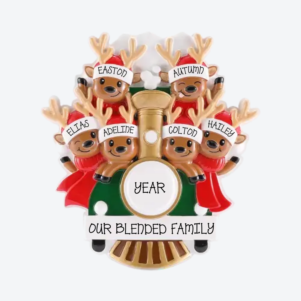 Reindeer on Christmas Train Family of 6 Personalized Christmas Ornament