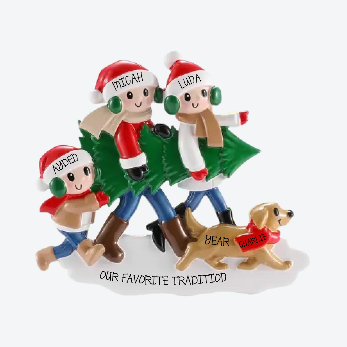 Christmas Tree Tradition Family of 3 with Dog Personalized Christmas Ornament