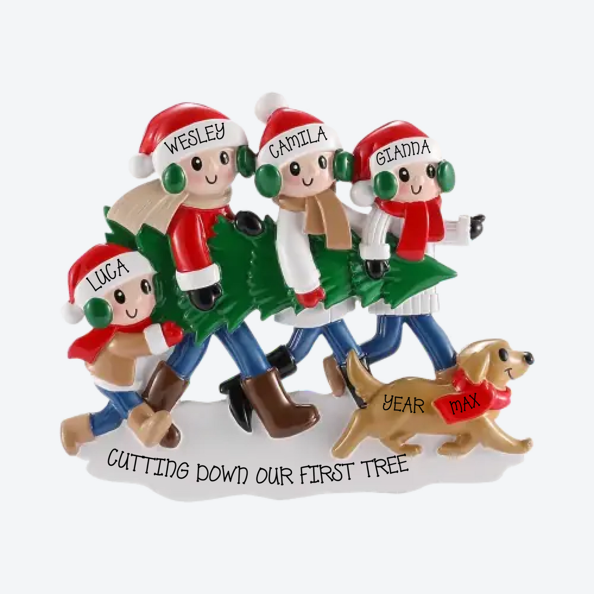 Christmas Tree Tradition Family of 4 with Dog Personalized Christmas Ornament