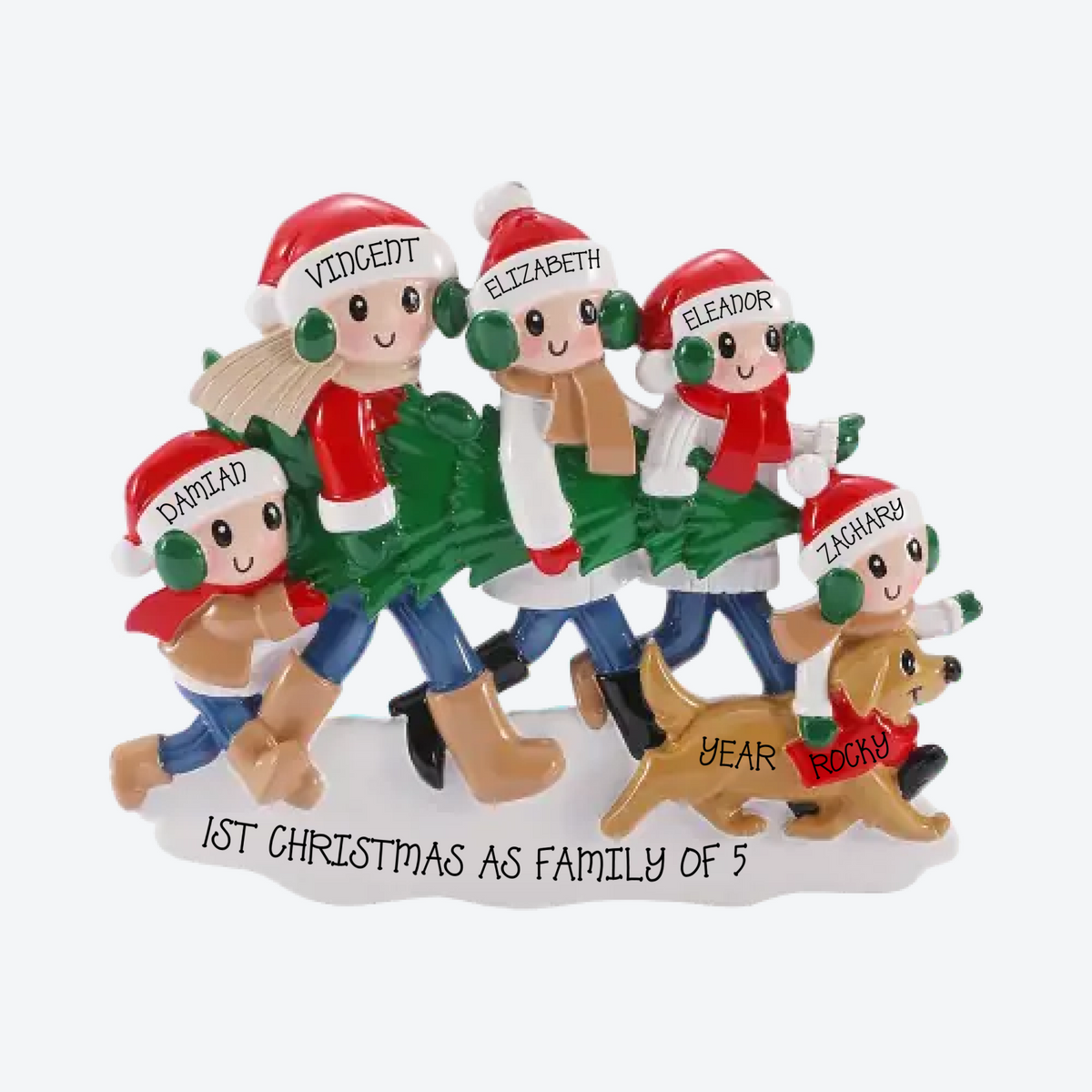 Christmas Tree Tradition Family of 5 with Dog Personalized Christmas Ornament