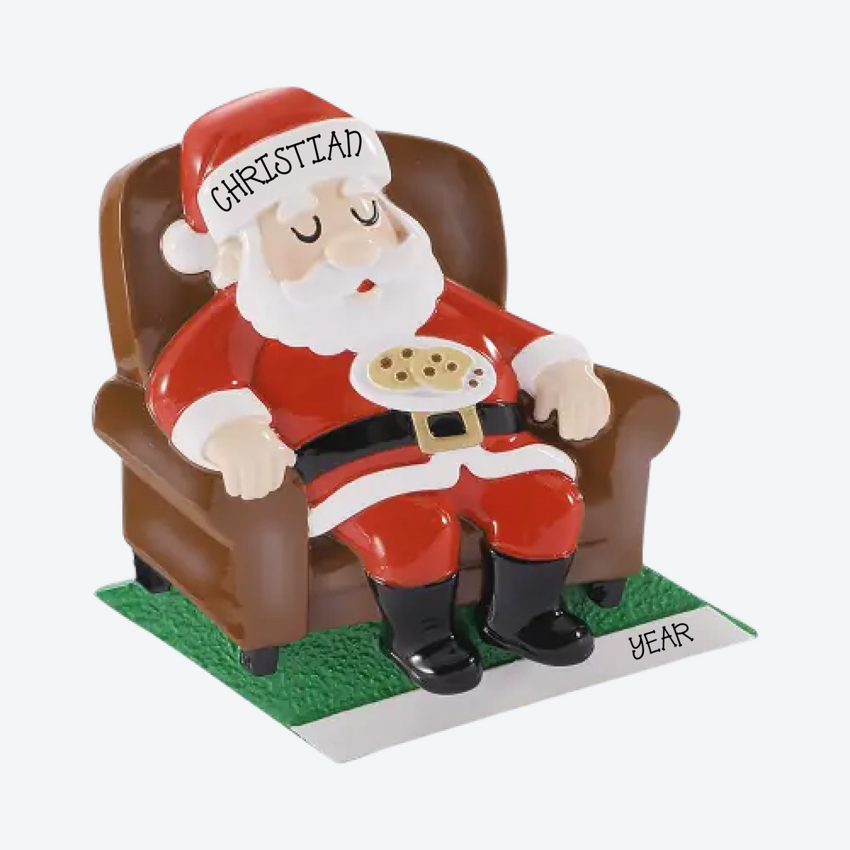 Sleepy Santa On A Chair With Cookies Personalized Christmas Ornament