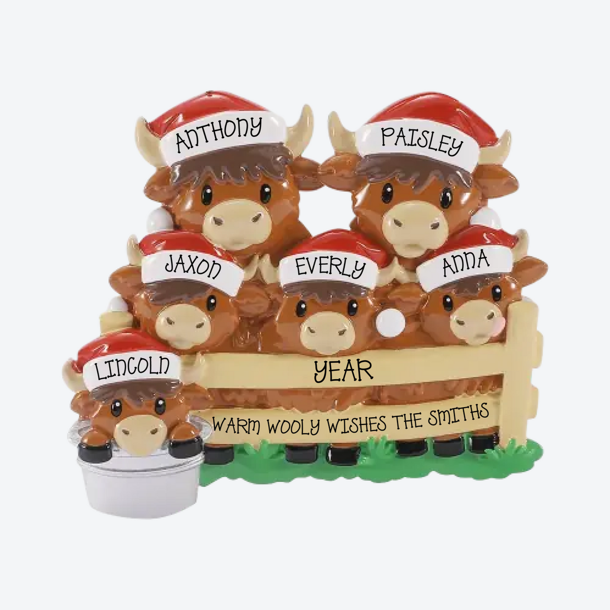 Highland Cow Family of 6 Personalized Christmas Ornament