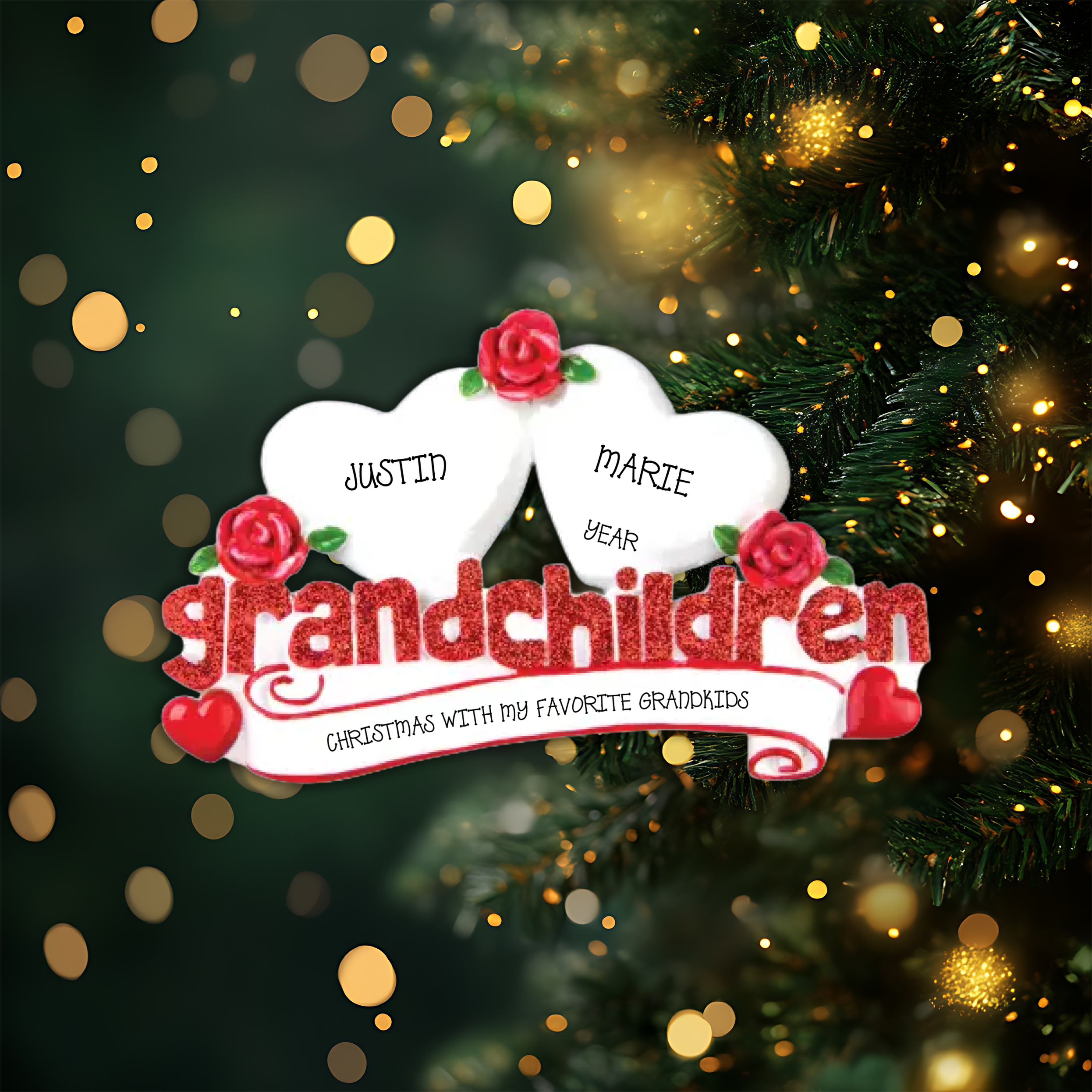 Grandchildren with Two Hearts Personalized Christmas Ornament
