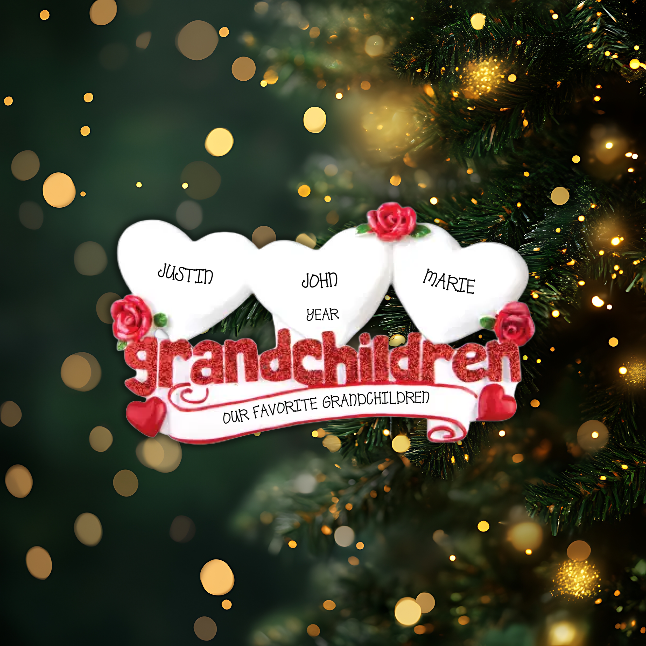 Grandchildren with Three Hearts Personalized Christmas Ornament