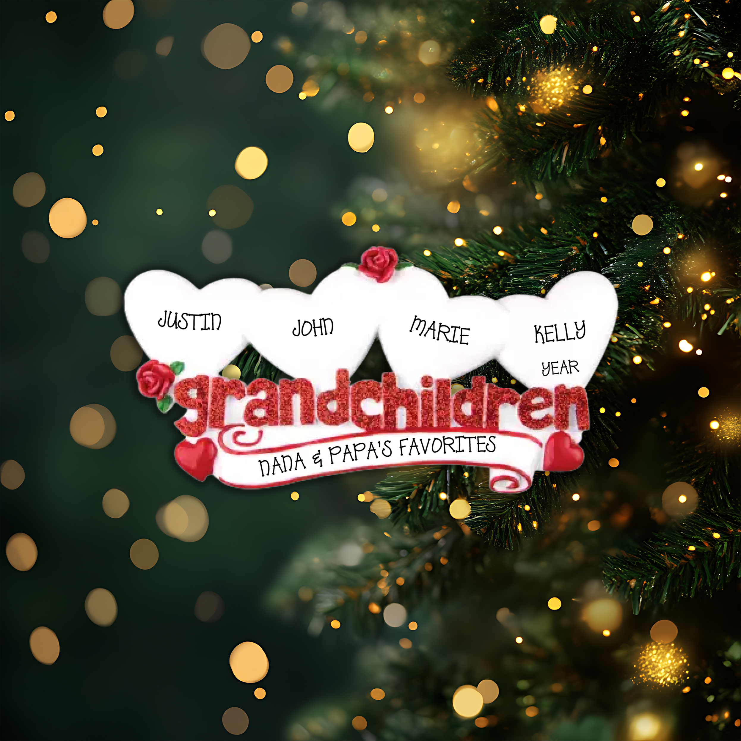 Grandchildren with Four Hearts Personalized Christmas Ornament