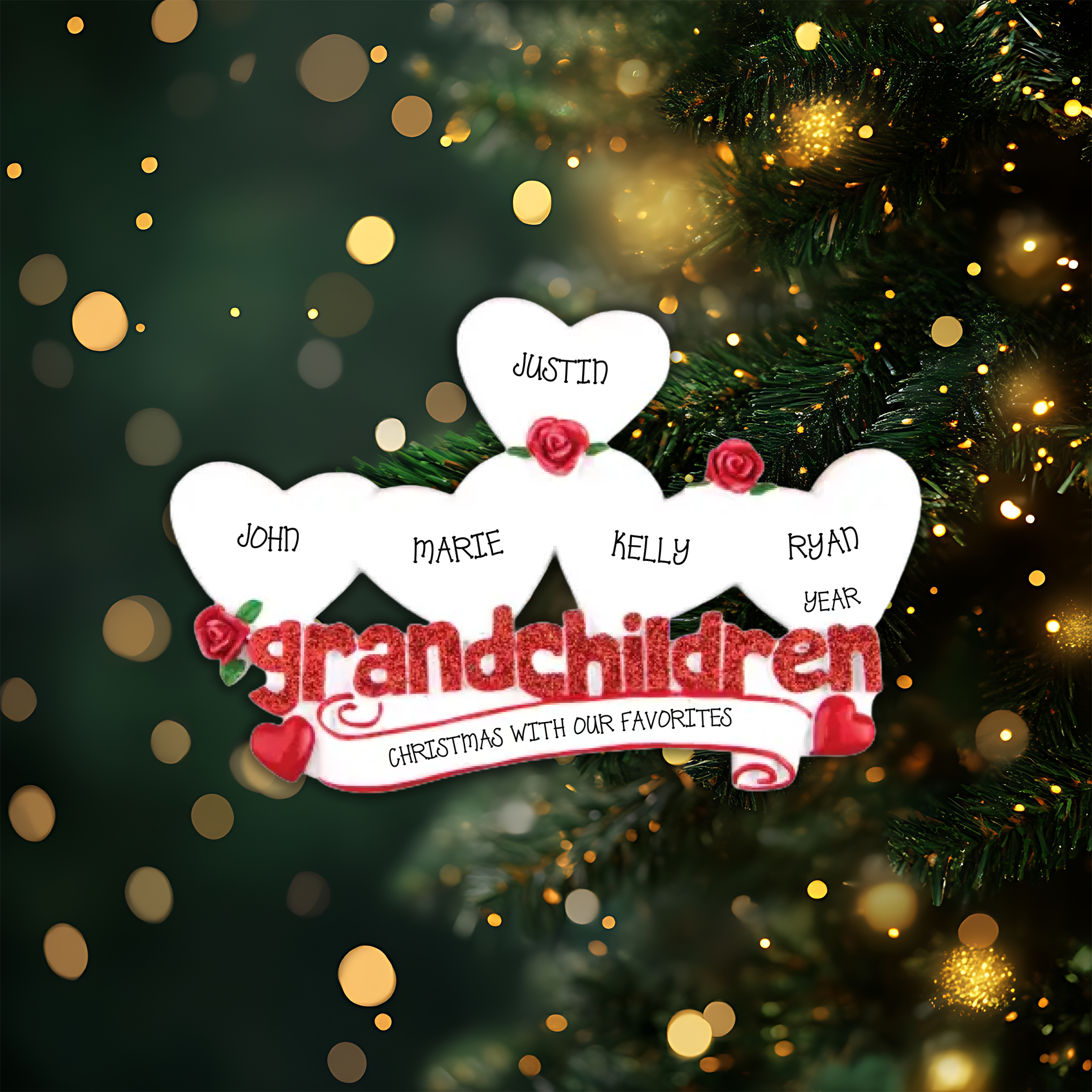 Grandchildren with Five Hearts Personalized Christmas Ornament