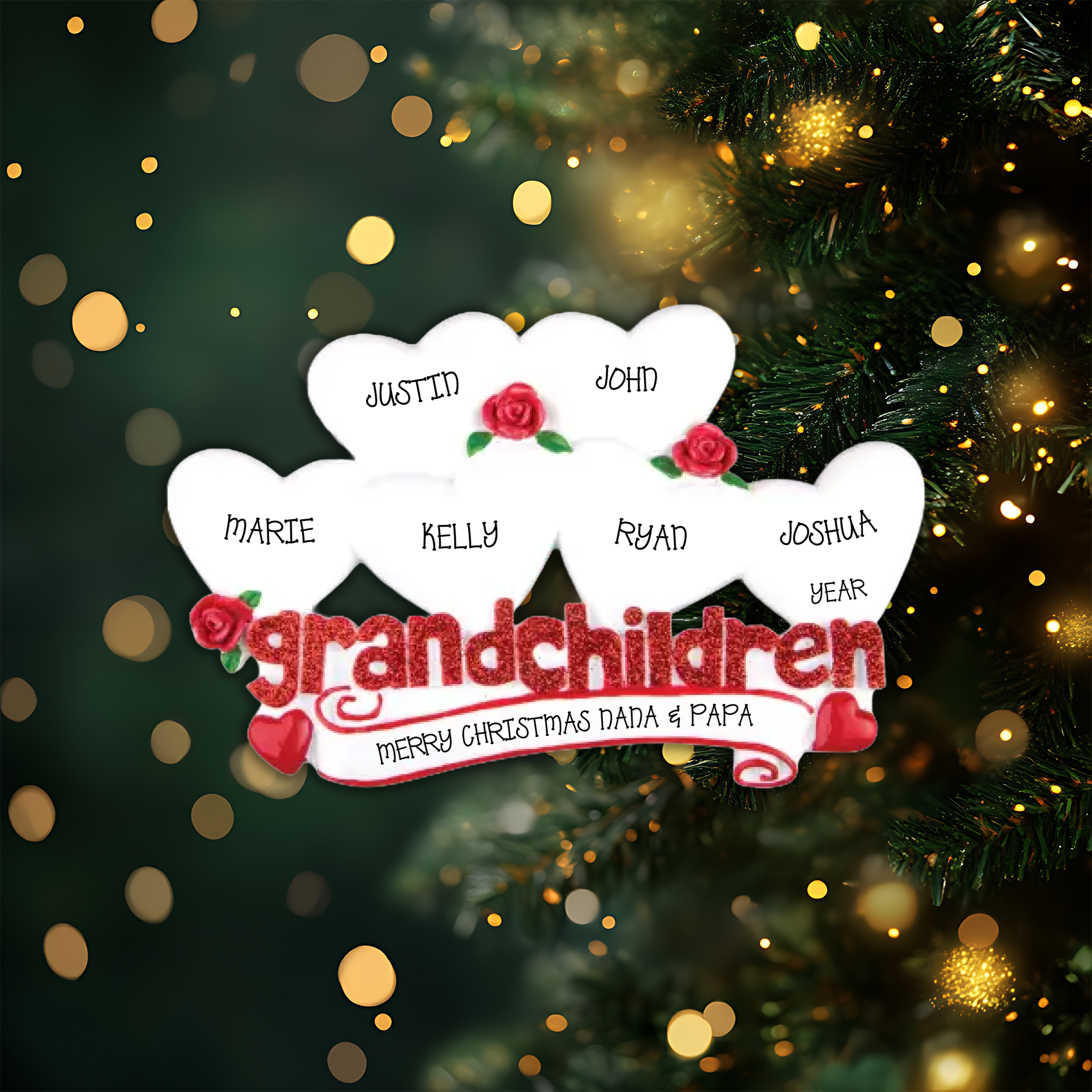 Grandchildren with Six Hearts Personalized Christmas Ornament