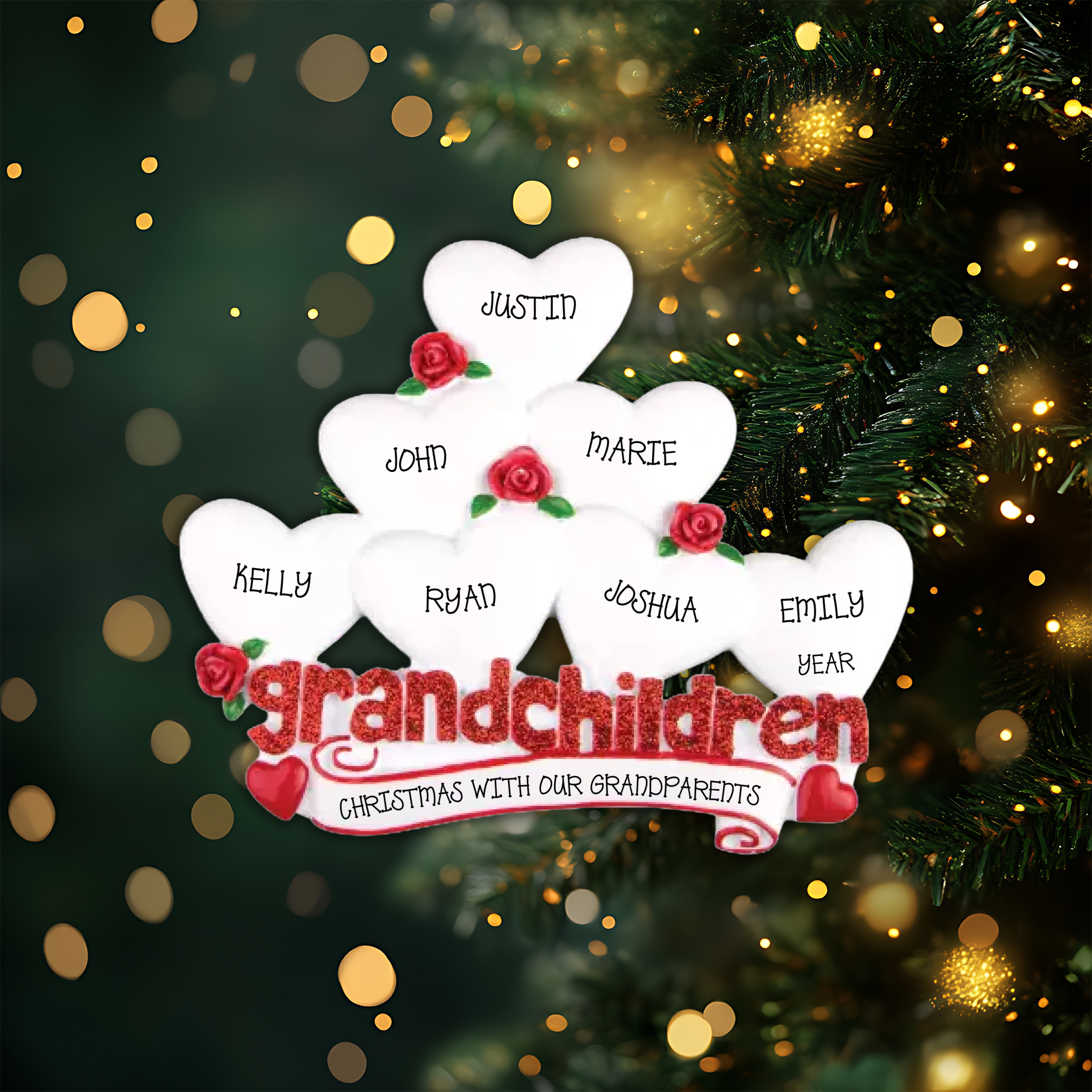 Grandchildren with Seven Hearts Personalized Christmas Ornament