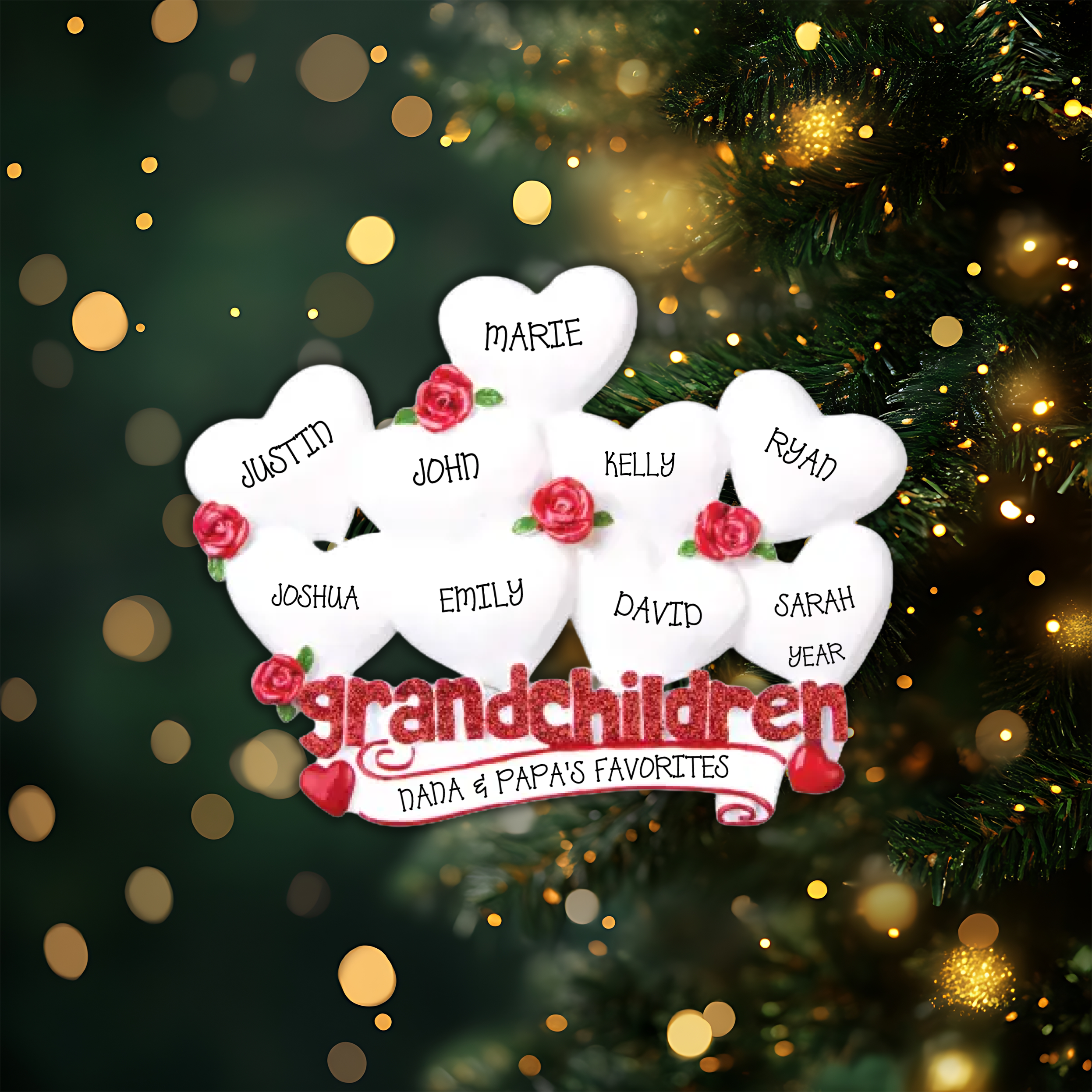 Grandchildren with Nine Hearts Personalized Christmas Ornament
