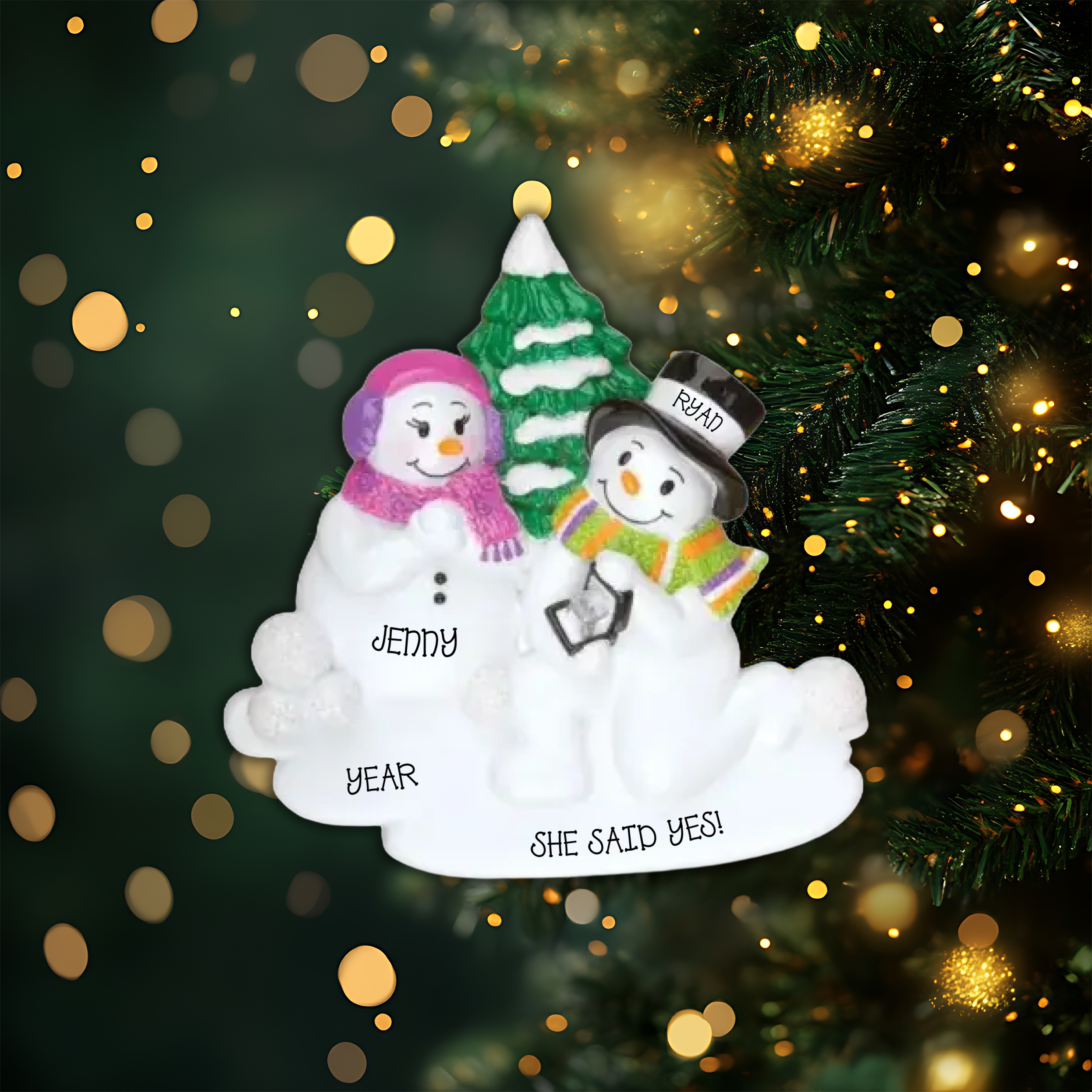 Snow Couple Engagement Personalized Christmas Ornament