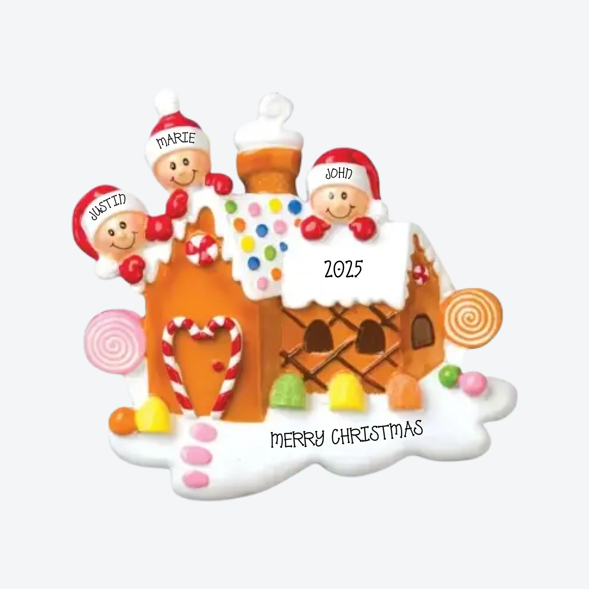 Gingerbread House Family of 3 Personalized Christmas Ornament