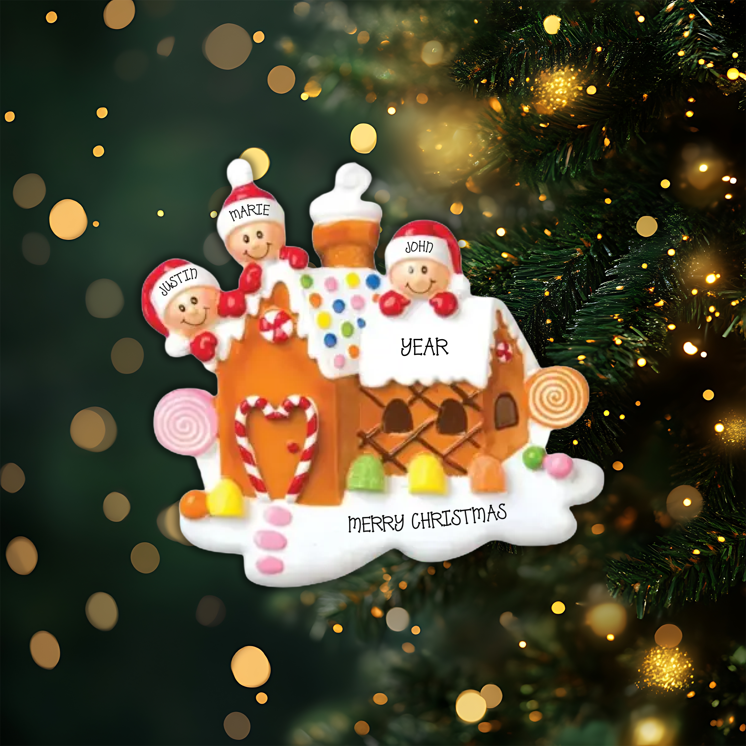 Gingerbread House Family of 3 Personalized Christmas Ornament